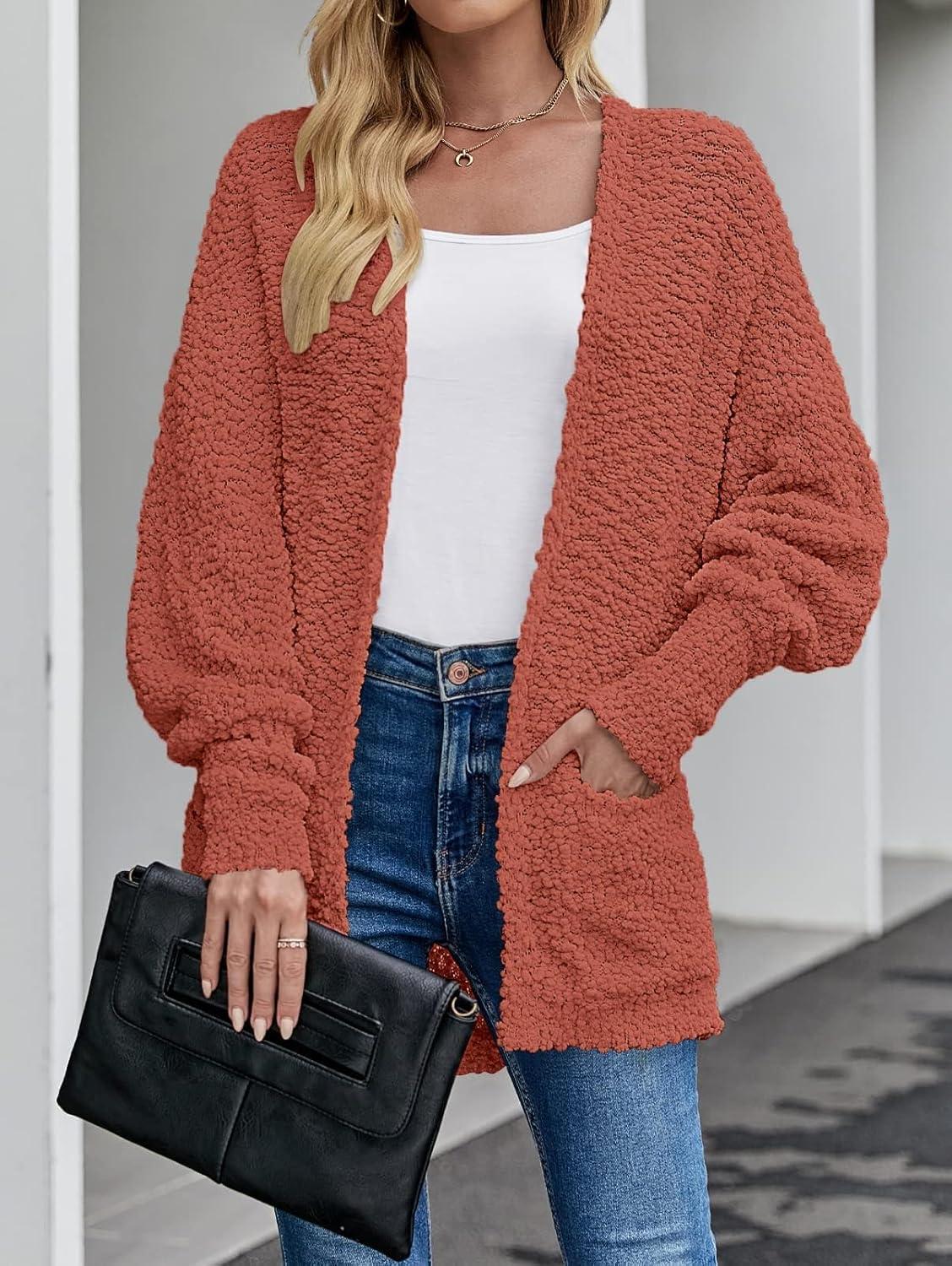 imageZESICA Womens Fall Winter Popcorn Long Sleeve Open Front Chunky Knit Oversized Cardigan Sweater CoatTea Rose