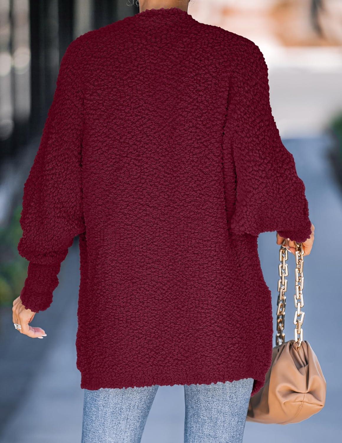 imageZESICA Womens Fall Winter Popcorn Long Sleeve Open Front Chunky Knit Oversized Cardigan Sweater CoatWine