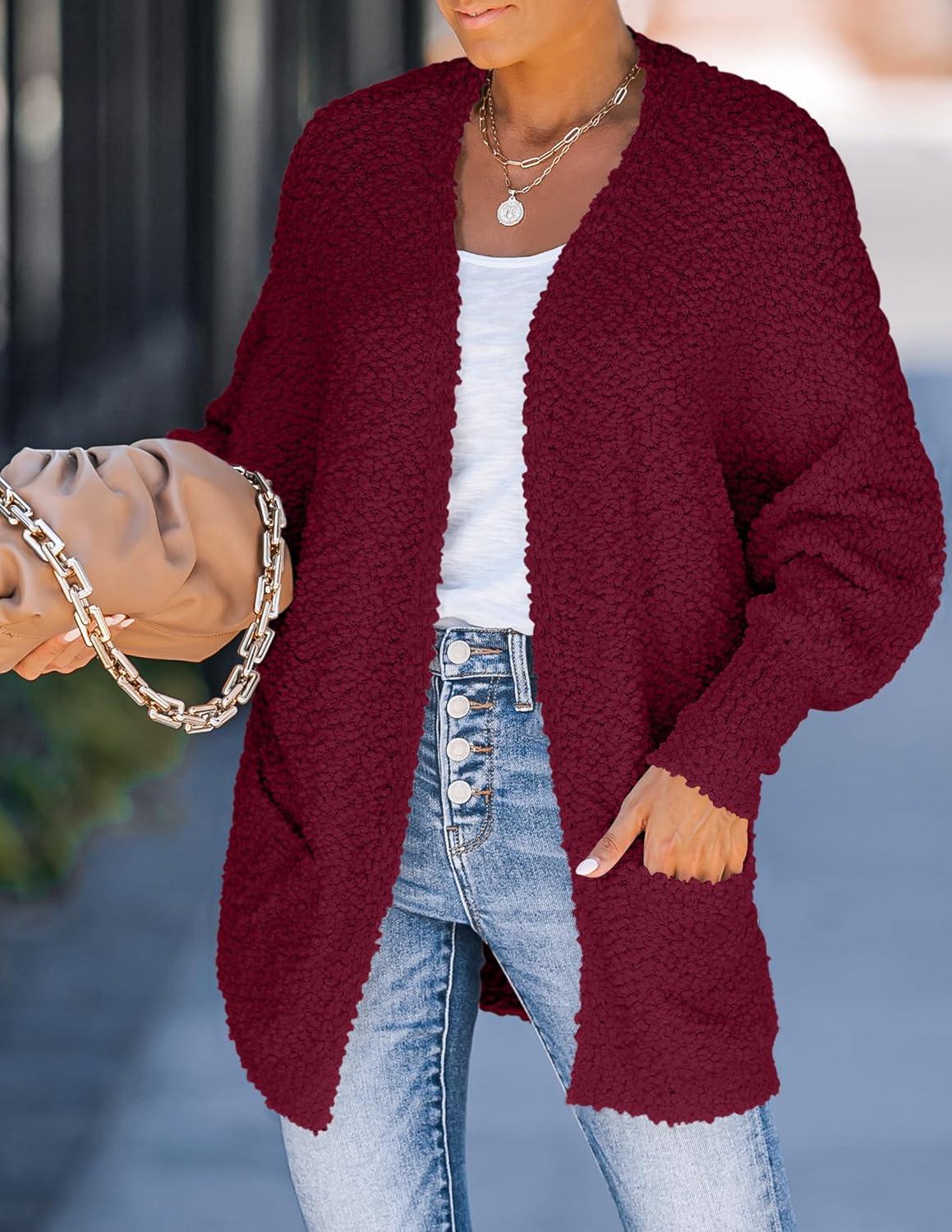 imageZESICA Womens Fall Winter Popcorn Long Sleeve Open Front Chunky Knit Oversized Cardigan Sweater CoatWine