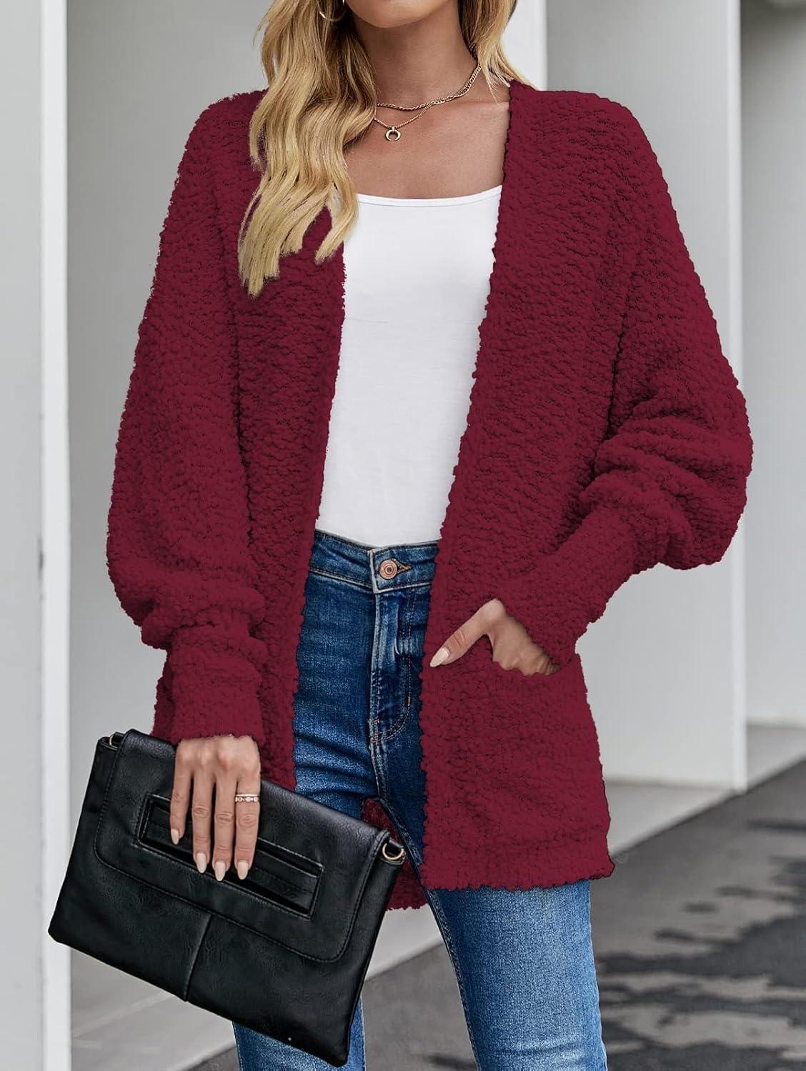 imageZESICA Womens Fall Winter Popcorn Long Sleeve Open Front Chunky Knit Oversized Cardigan Sweater CoatWine