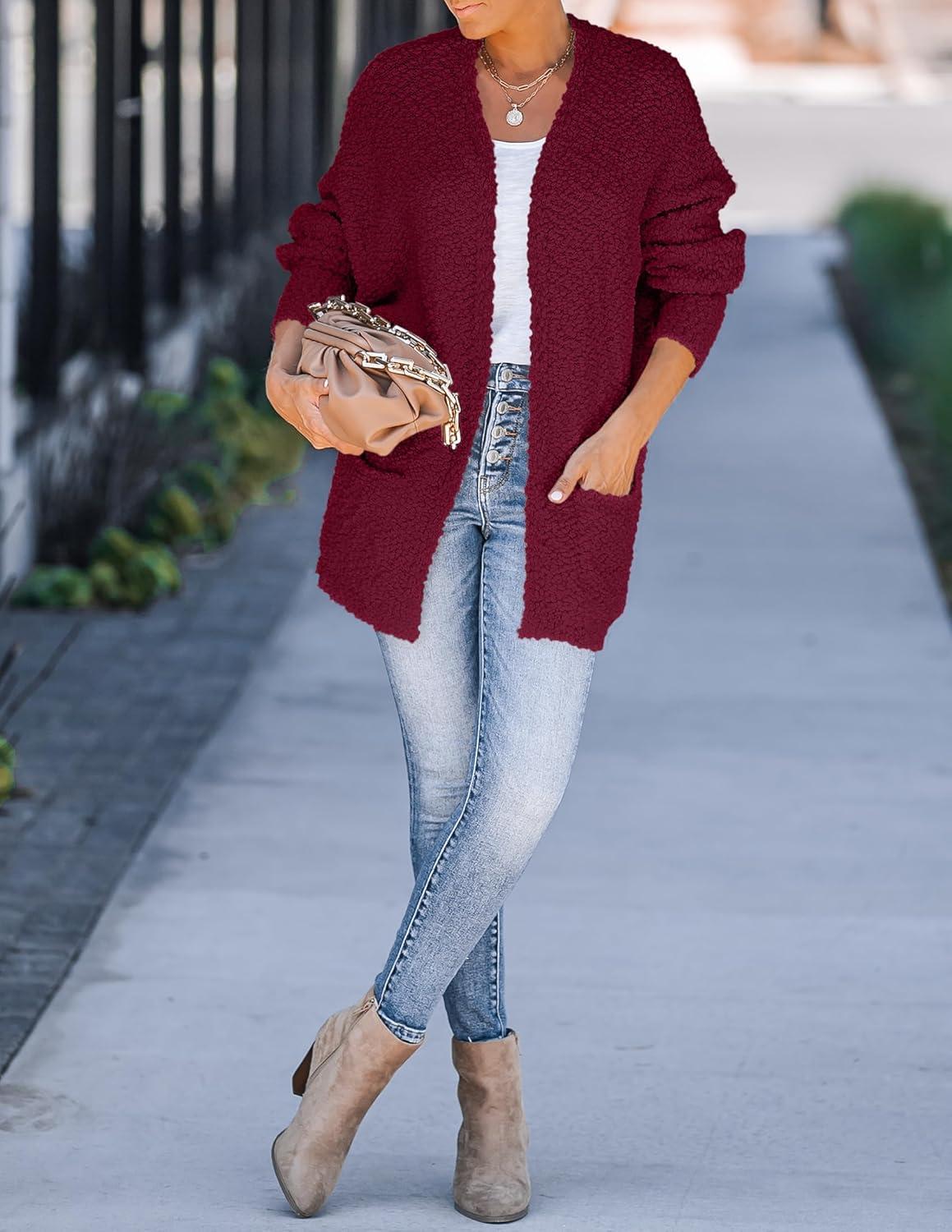 imageZESICA Womens Fall Winter Popcorn Long Sleeve Open Front Chunky Knit Oversized Cardigan Sweater CoatWine