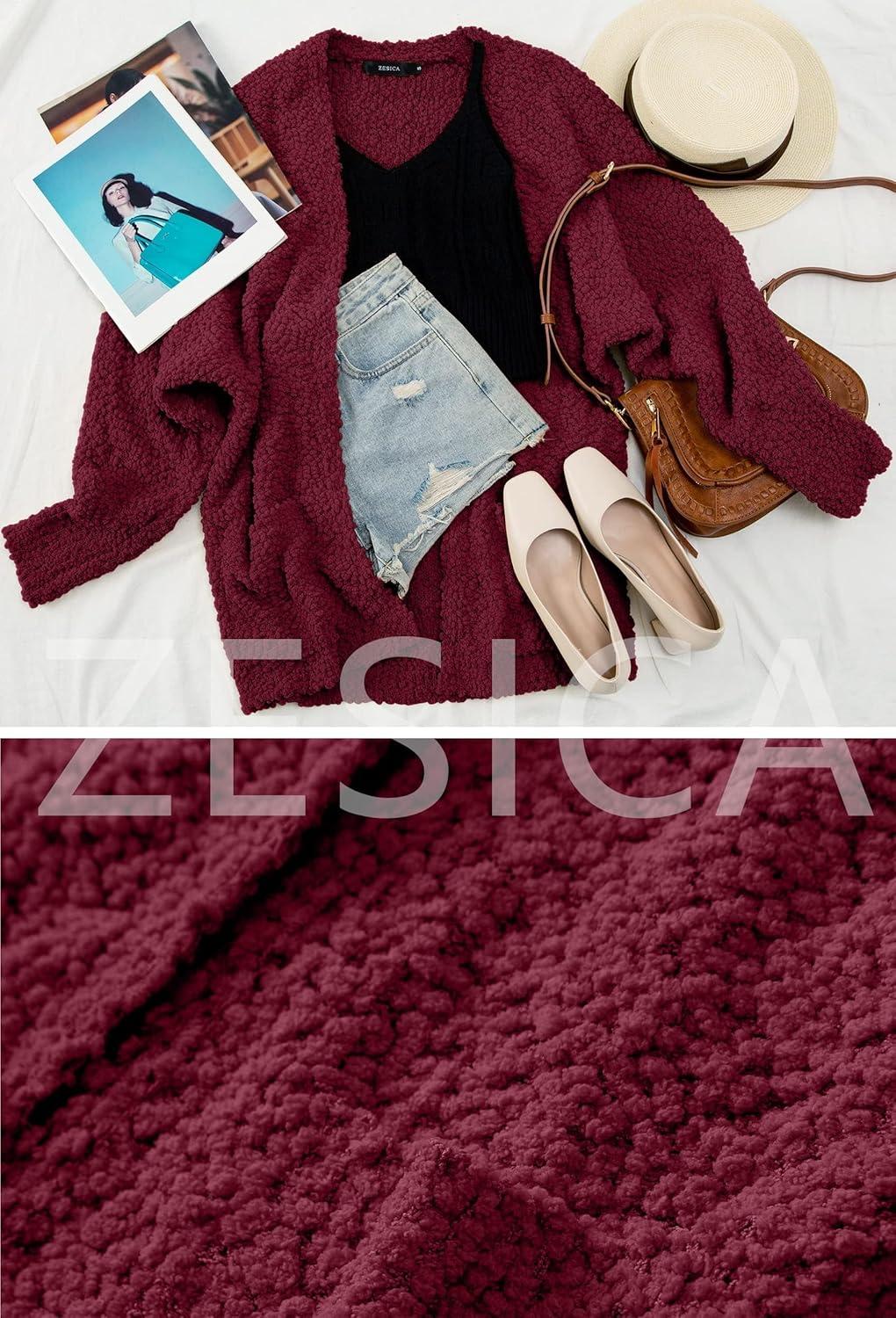 imageZESICA Womens Fall Winter Popcorn Long Sleeve Open Front Chunky Knit Oversized Cardigan Sweater CoatWine