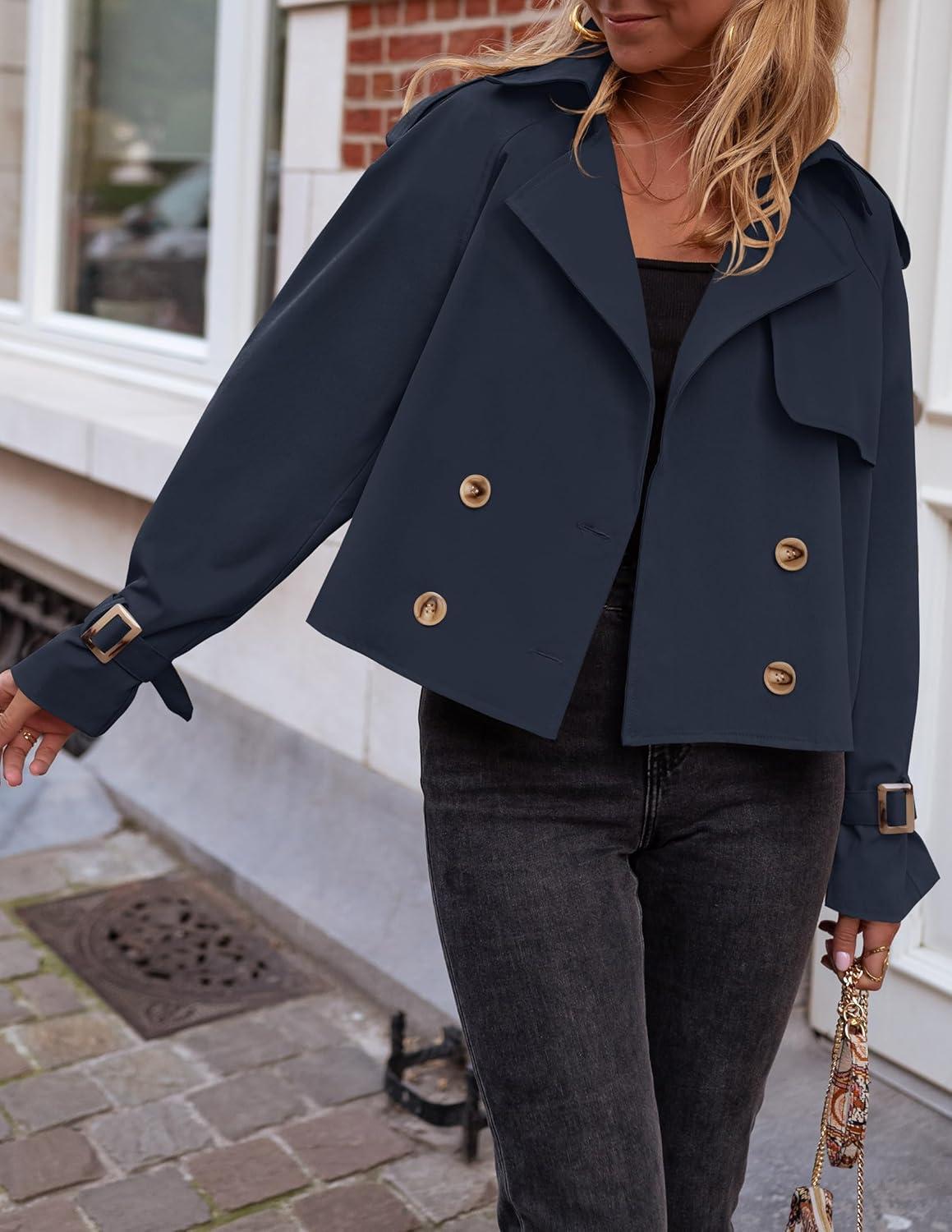 imageZESICA Womens Long Sleeve Crop Trench Coat Lapel Double Breasted Loose Casual Jacket with PocketsDarkblue