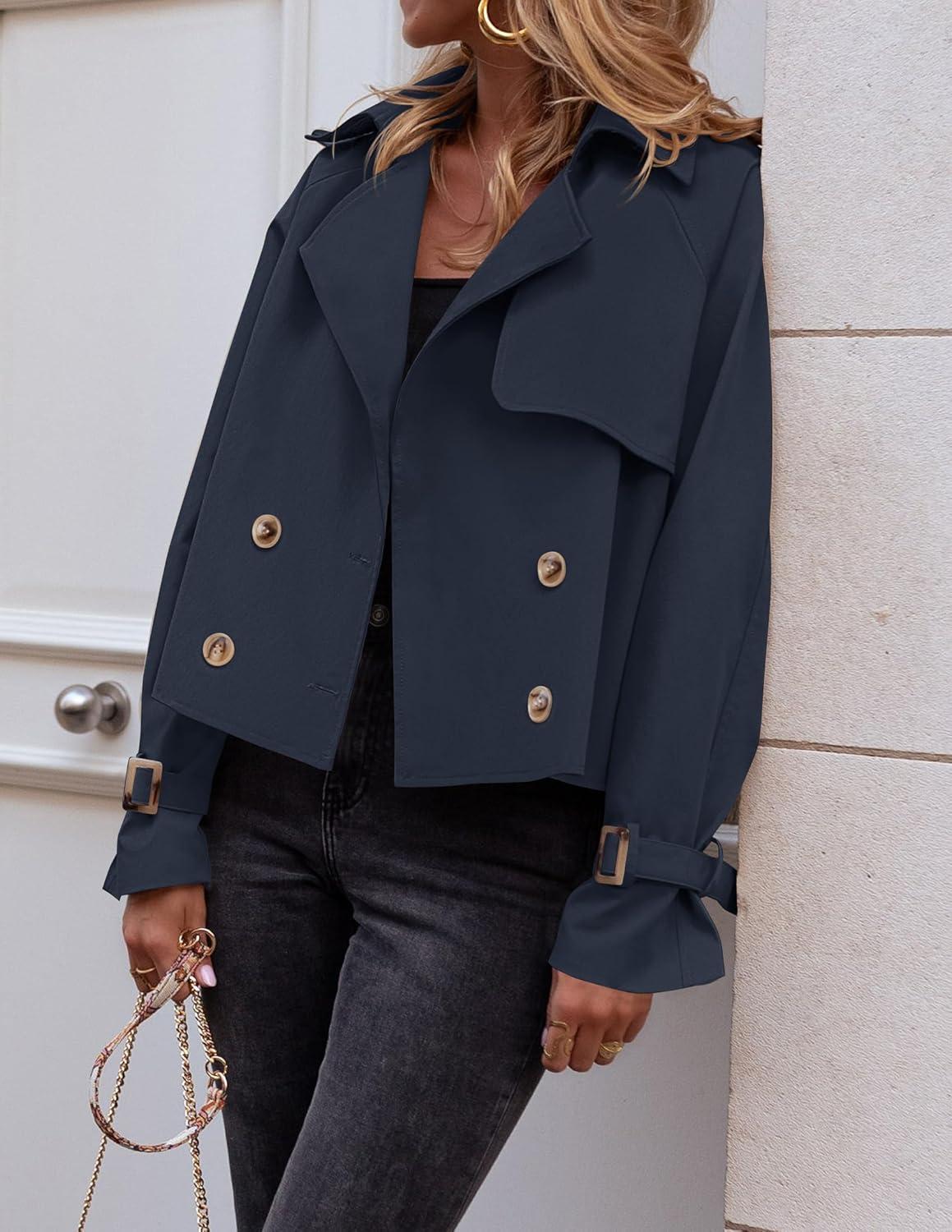 imageZESICA Womens Long Sleeve Crop Trench Coat Lapel Double Breasted Loose Casual Jacket with PocketsDarkblue