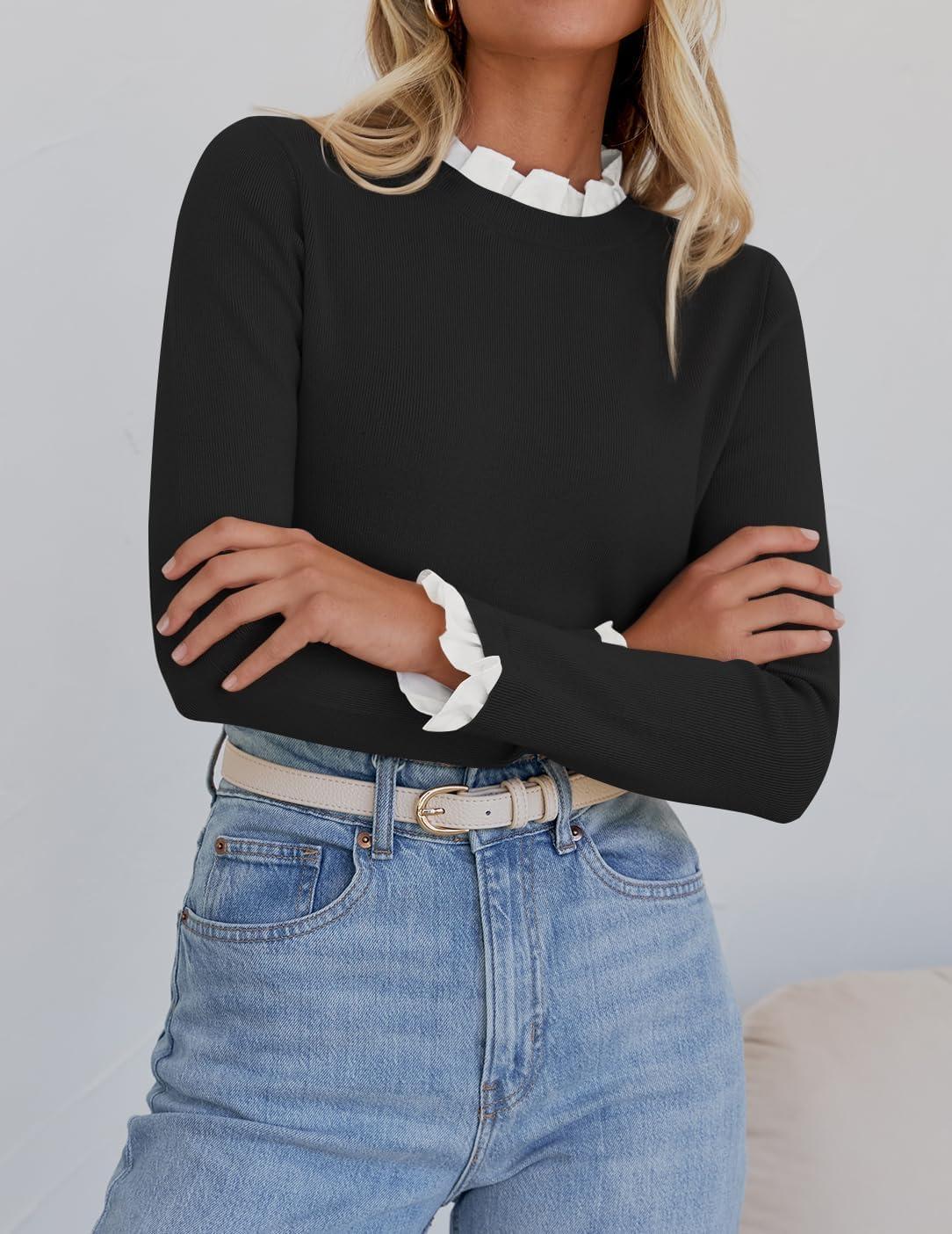 imageZESICA Womens Long Sleeve Ruffle Sweaters 2025 Fall Crewneck Color Block Slim Fit Basic Casual Knit Pullover Sweater TopsBlack
