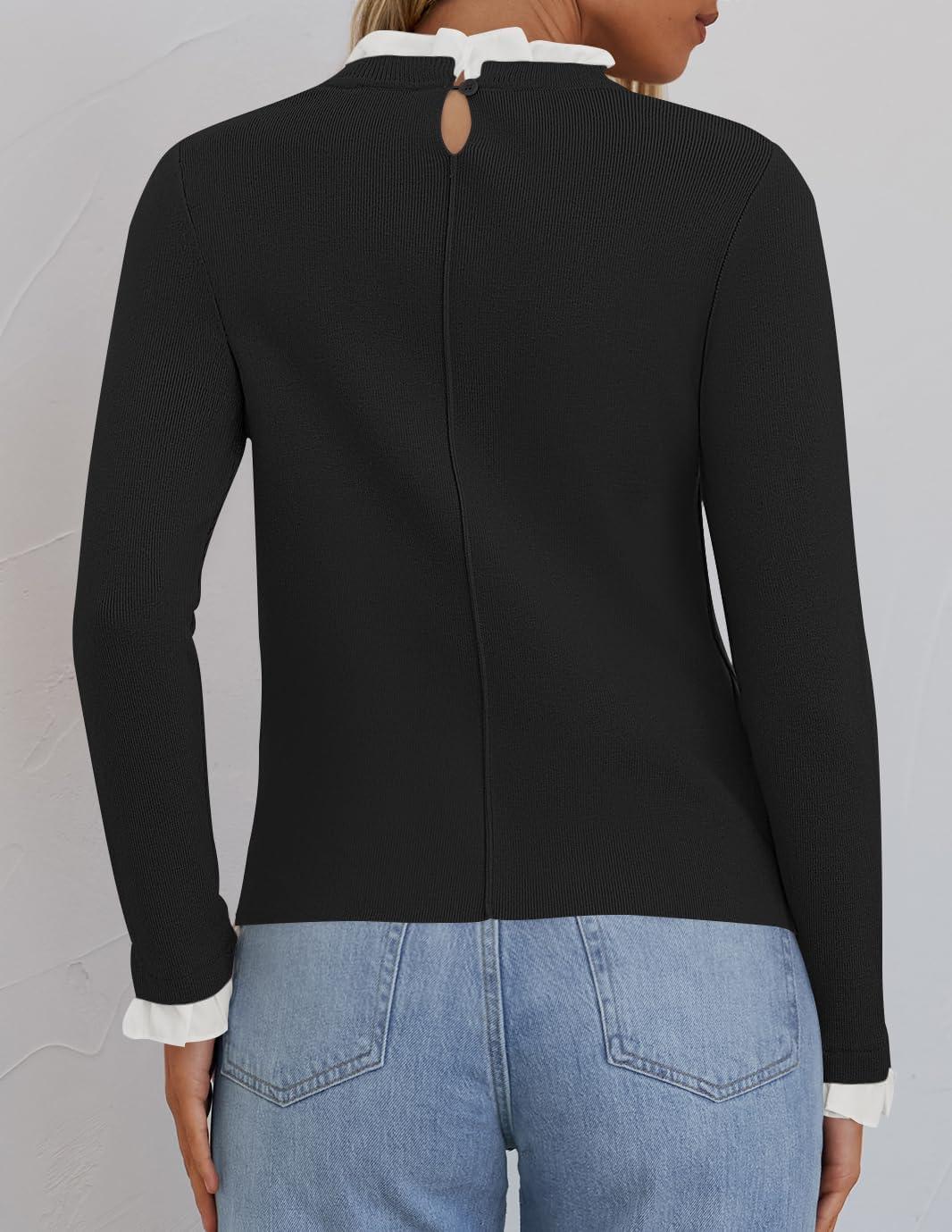 imageZESICA Womens Long Sleeve Ruffle Sweaters 2025 Fall Crewneck Color Block Slim Fit Basic Casual Knit Pullover Sweater TopsBlack