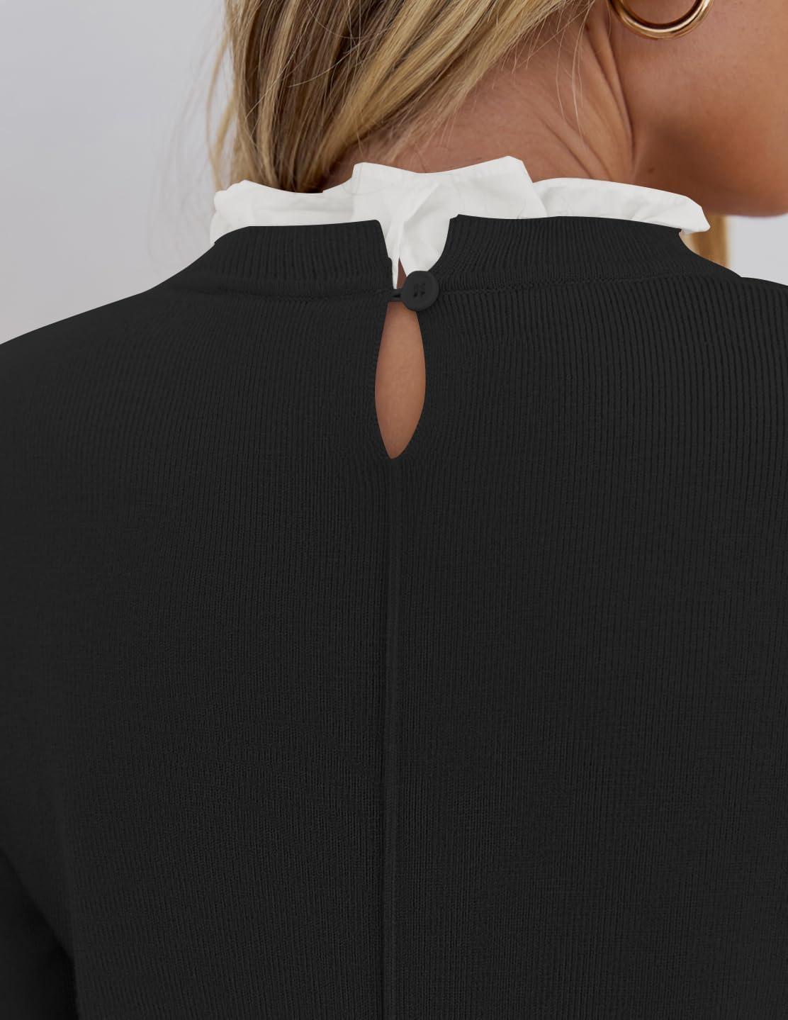 imageZESICA Womens Long Sleeve Ruffle Sweaters 2025 Fall Crewneck Color Block Slim Fit Basic Casual Knit Pullover Sweater TopsBlack