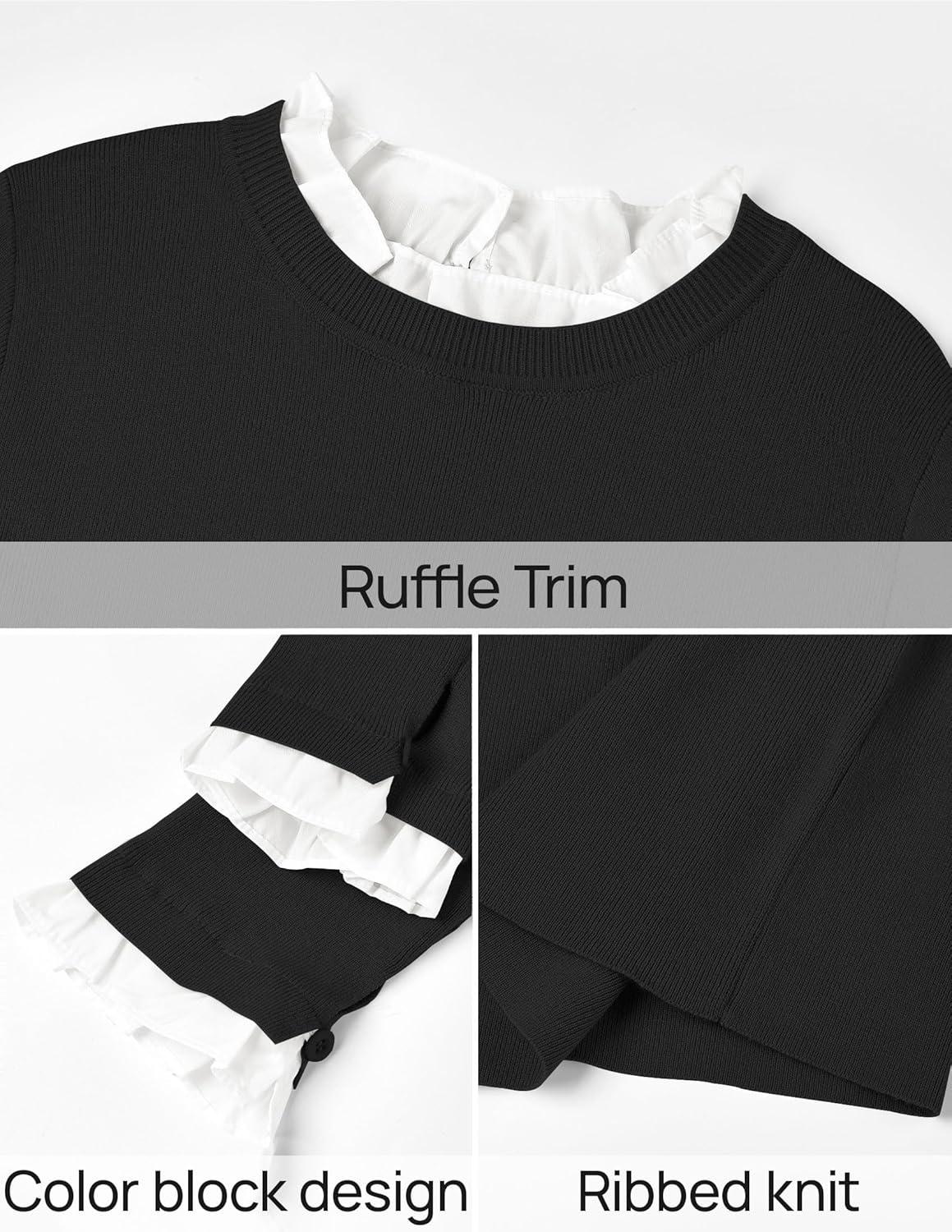 imageZESICA Womens Long Sleeve Ruffle Sweaters 2025 Fall Crewneck Color Block Slim Fit Basic Casual Knit Pullover Sweater TopsBlack
