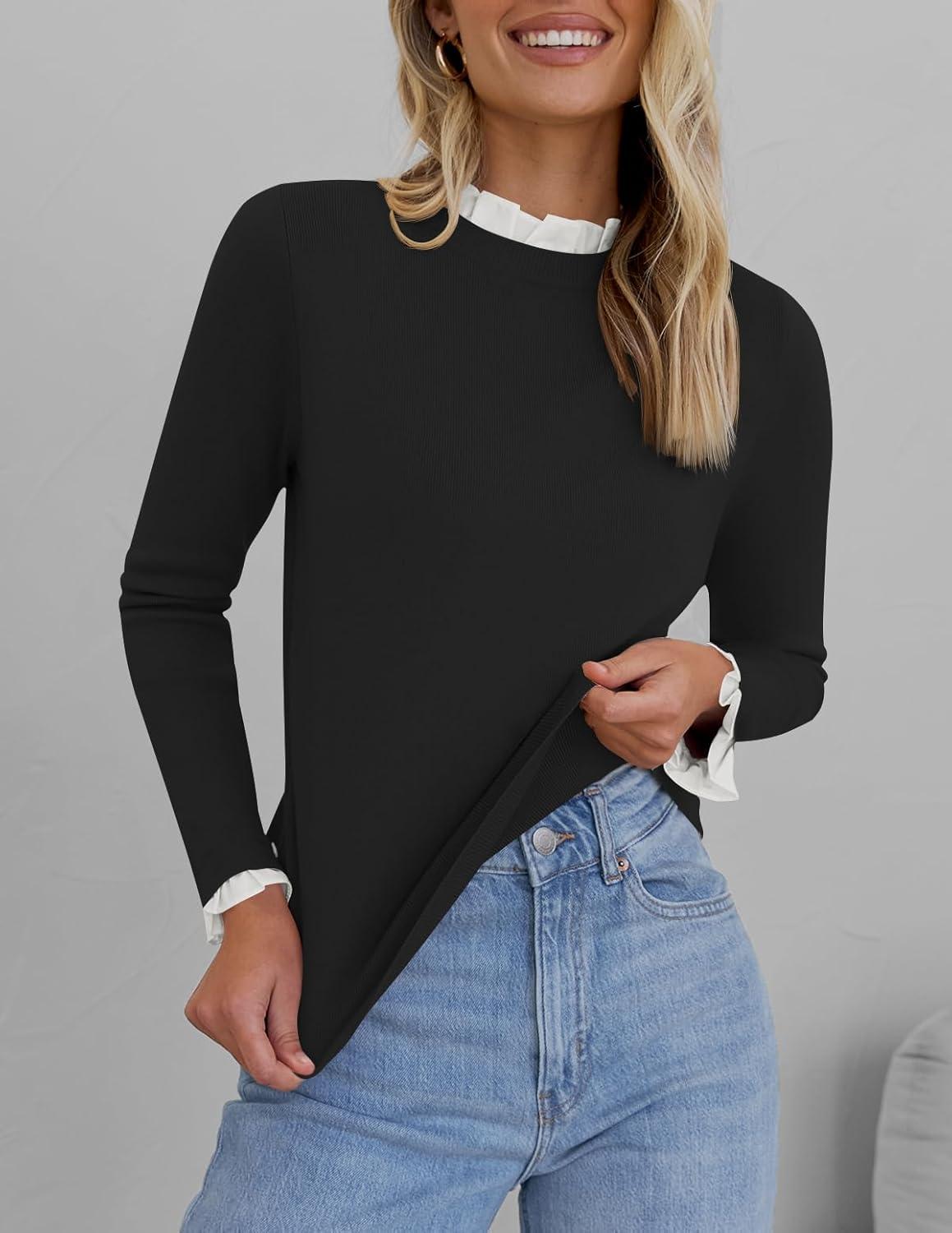 imageZESICA Womens Long Sleeve Ruffle Sweaters 2025 Fall Crewneck Color Block Slim Fit Basic Casual Knit Pullover Sweater TopsBlack