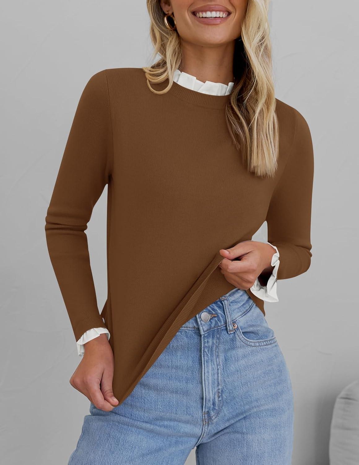 imageZESICA Womens Long Sleeve Ruffle Sweaters 2025 Fall Crewneck Color Block Slim Fit Basic Casual Knit Pullover Sweater TopsBrown