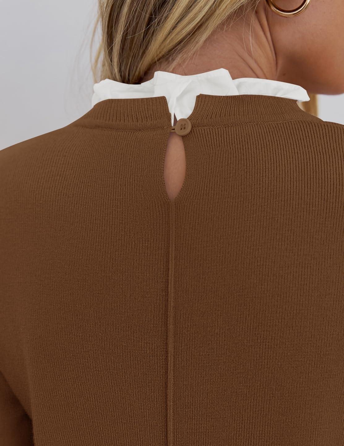 imageZESICA Womens Long Sleeve Ruffle Sweaters 2025 Fall Crewneck Color Block Slim Fit Basic Casual Knit Pullover Sweater TopsBrown