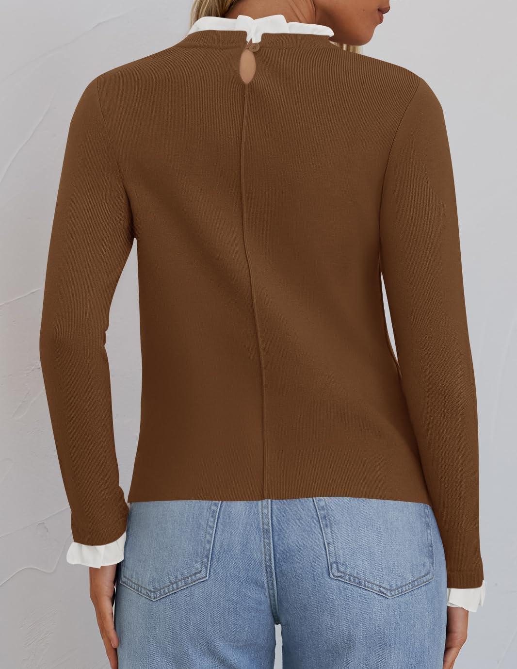 imageZESICA Womens Long Sleeve Ruffle Sweaters 2025 Fall Crewneck Color Block Slim Fit Basic Casual Knit Pullover Sweater TopsBrown