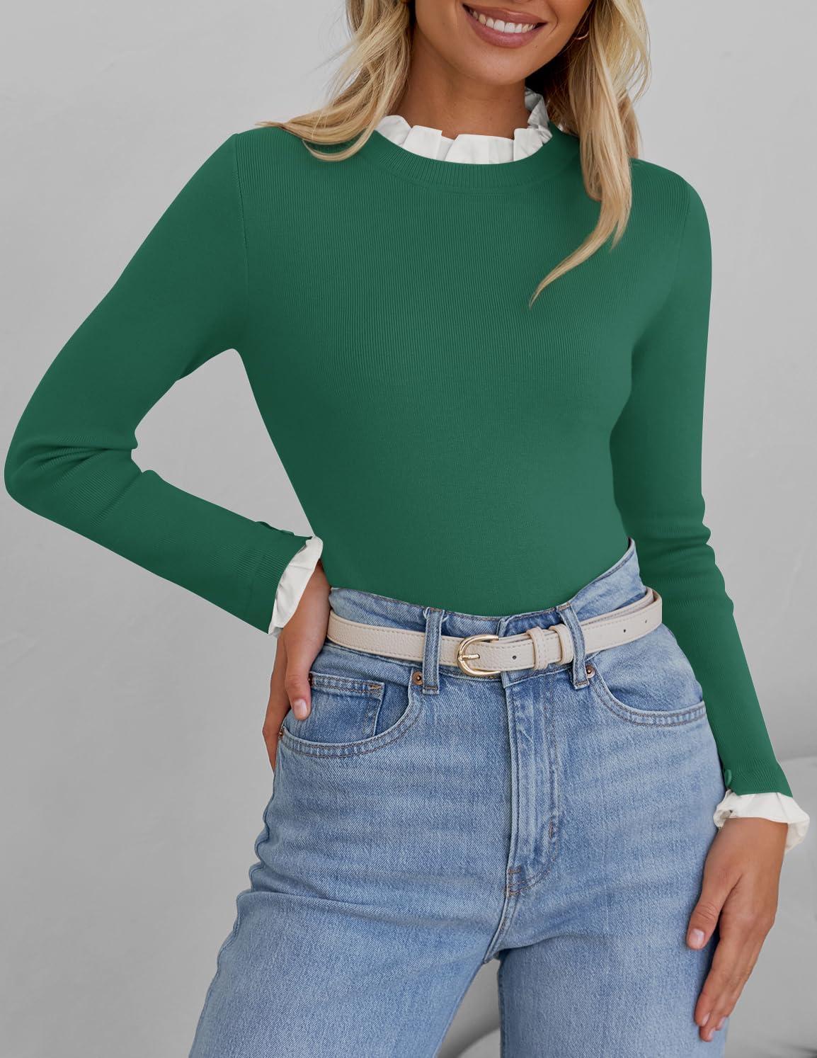imageZESICA Womens Long Sleeve Ruffle Sweaters 2025 Fall Crewneck Color Block Slim Fit Basic Casual Knit Pullover Sweater TopsDark Green