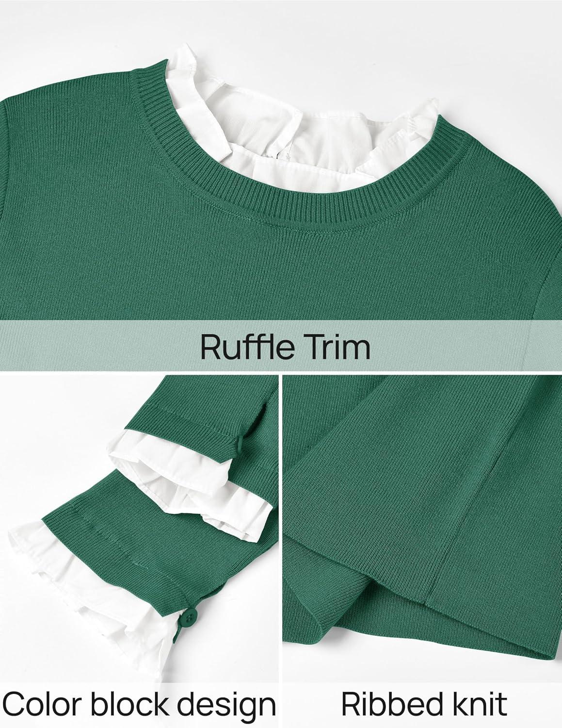 imageZESICA Womens Long Sleeve Ruffle Sweaters 2025 Fall Crewneck Color Block Slim Fit Basic Casual Knit Pullover Sweater TopsDark Green
