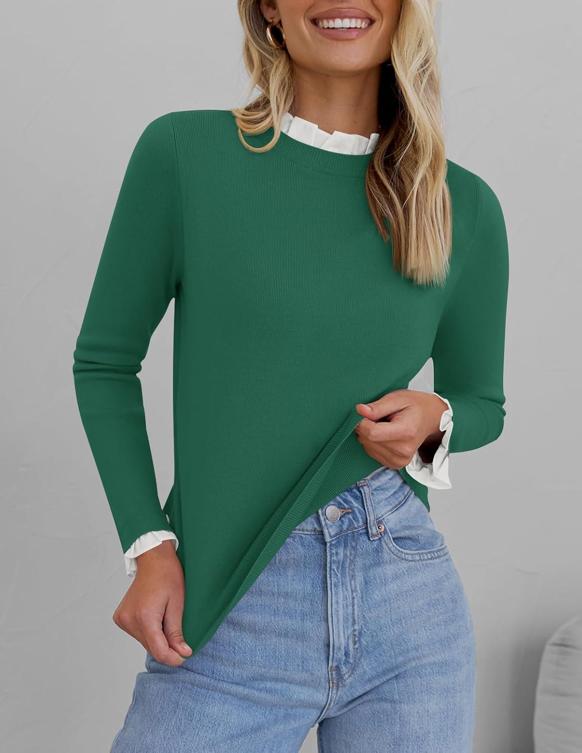 imageZESICA Womens Long Sleeve Ruffle Sweaters 2025 Fall Crewneck Color Block Slim Fit Basic Casual Knit Pullover Sweater TopsDark Green