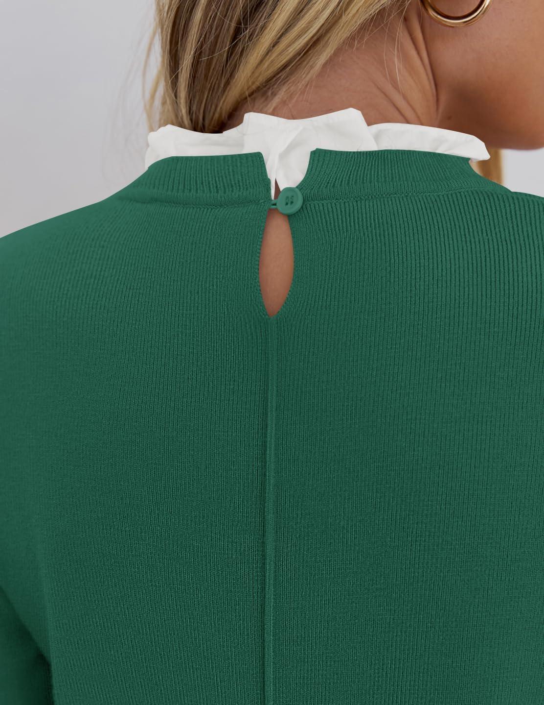 imageZESICA Womens Long Sleeve Ruffle Sweaters 2025 Fall Crewneck Color Block Slim Fit Basic Casual Knit Pullover Sweater TopsDark Green