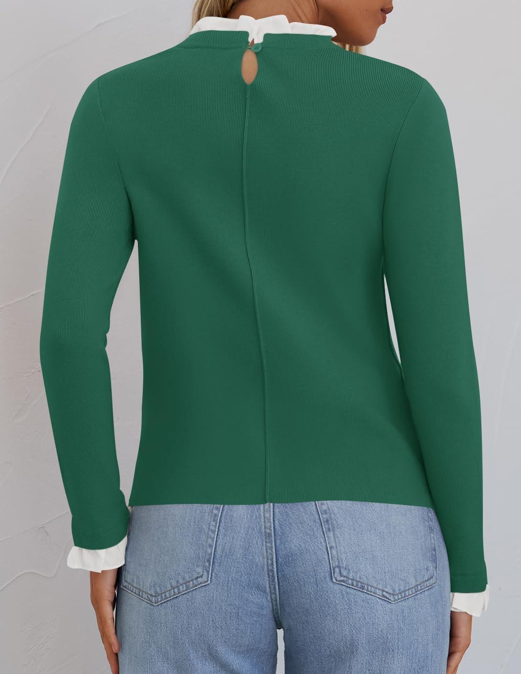imageZESICA Womens Long Sleeve Ruffle Sweaters 2025 Fall Crewneck Color Block Slim Fit Basic Casual Knit Pullover Sweater TopsDark Green