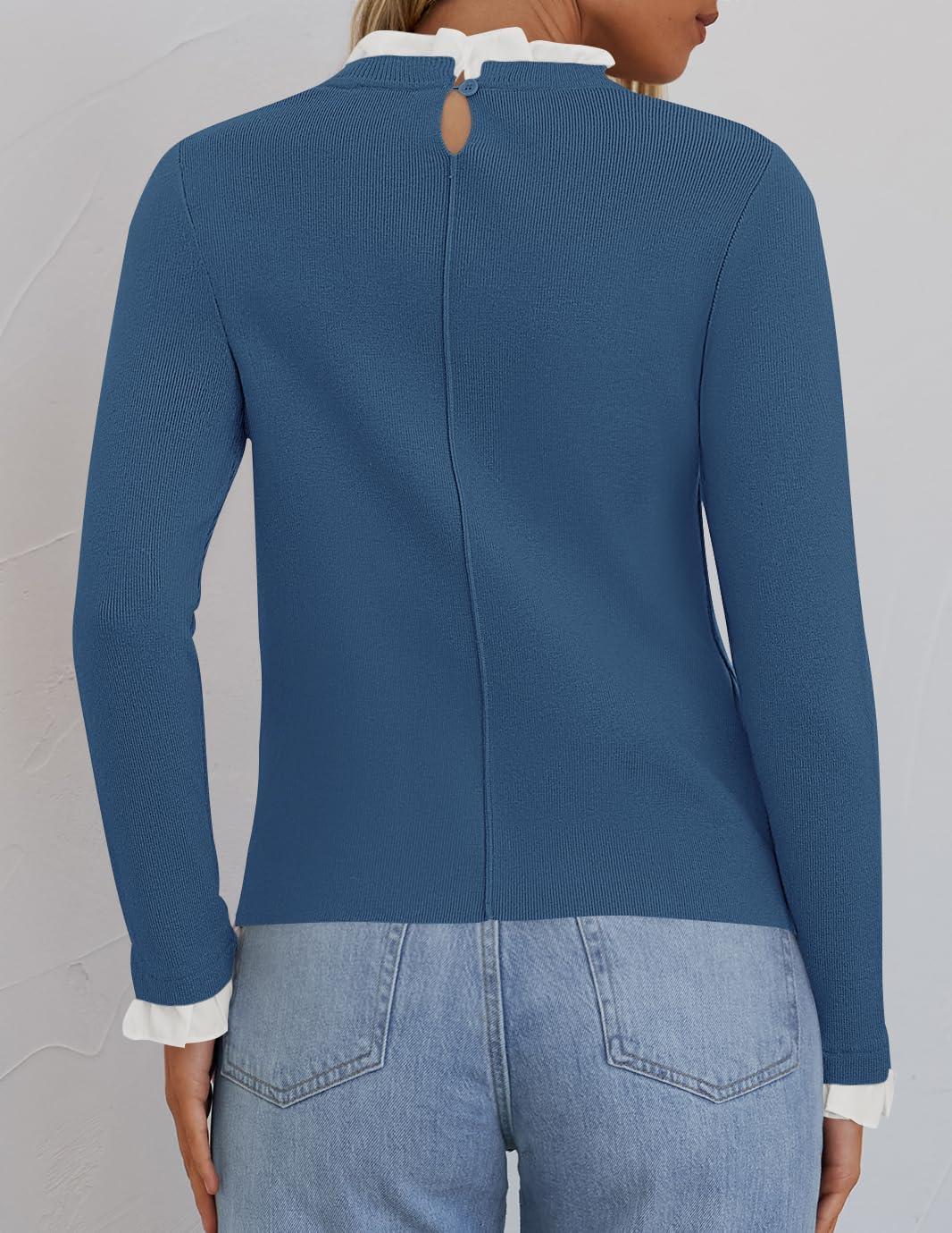 imageZESICA Womens Long Sleeve Ruffle Sweaters 2025 Fall Crewneck Color Block Slim Fit Basic Casual Knit Pullover Sweater TopsDusty Blue