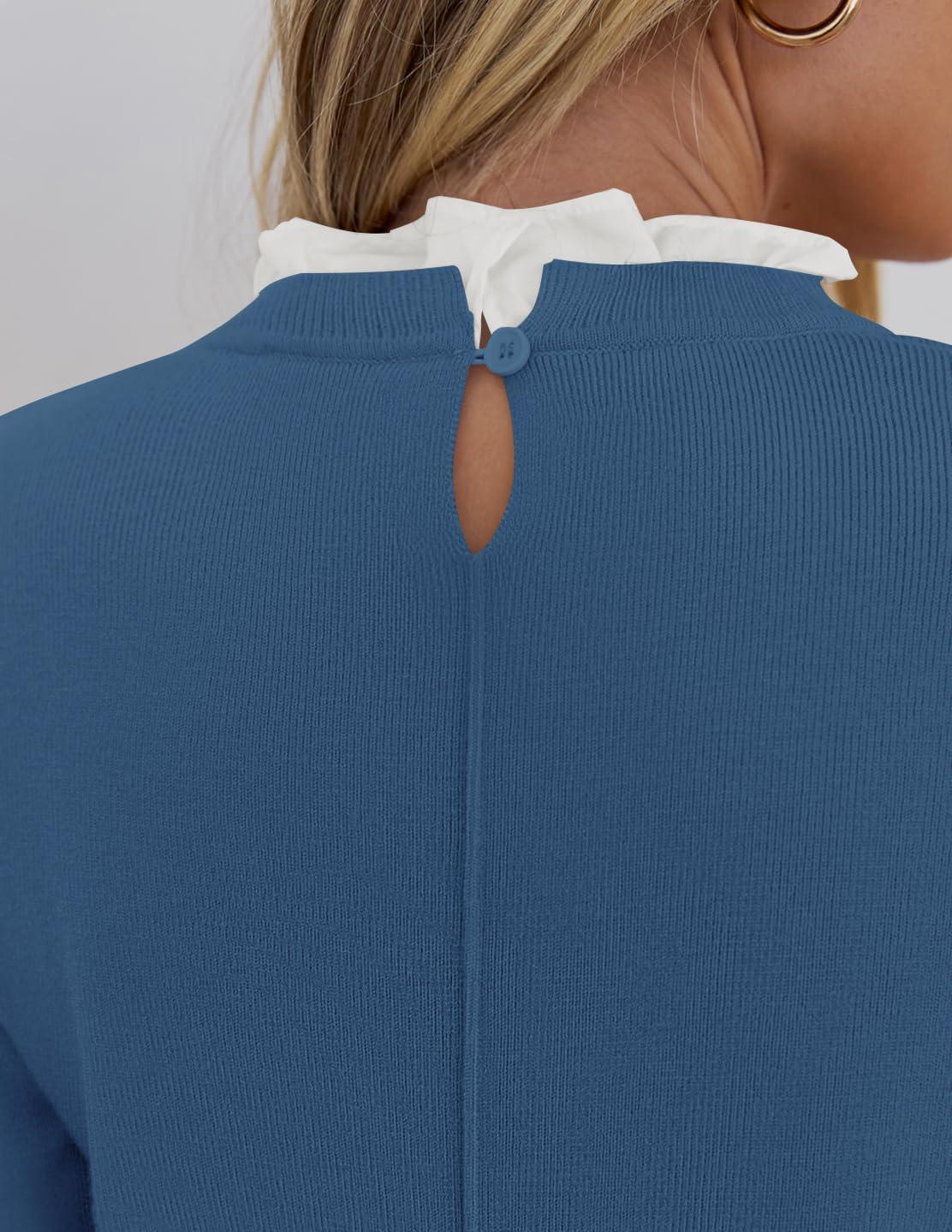 imageZESICA Womens Long Sleeve Ruffle Sweaters 2025 Fall Crewneck Color Block Slim Fit Basic Casual Knit Pullover Sweater TopsDusty Blue