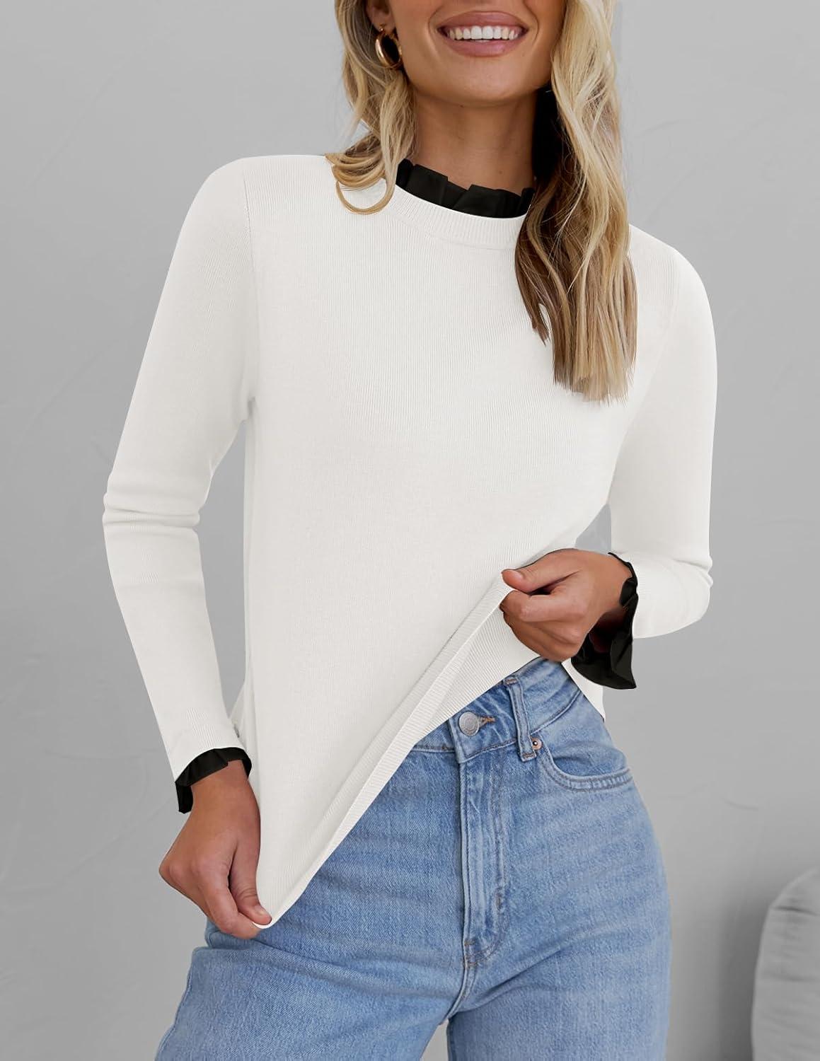 imageZESICA Womens Long Sleeve Ruffle Sweaters 2025 Fall Crewneck Color Block Slim Fit Basic Casual Knit Pullover Sweater TopsIvory