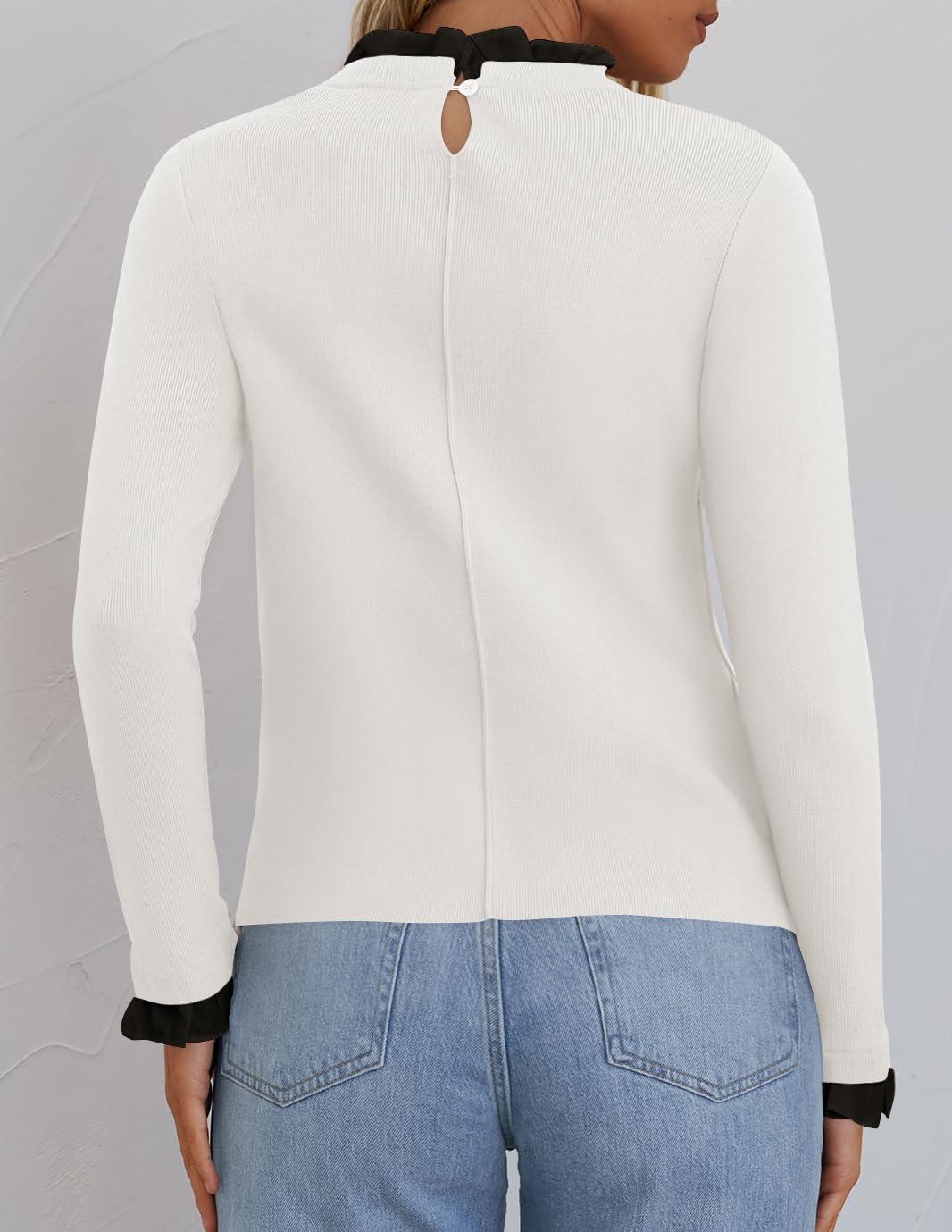 imageZESICA Womens Long Sleeve Ruffle Sweaters 2025 Fall Crewneck Color Block Slim Fit Basic Casual Knit Pullover Sweater TopsIvory