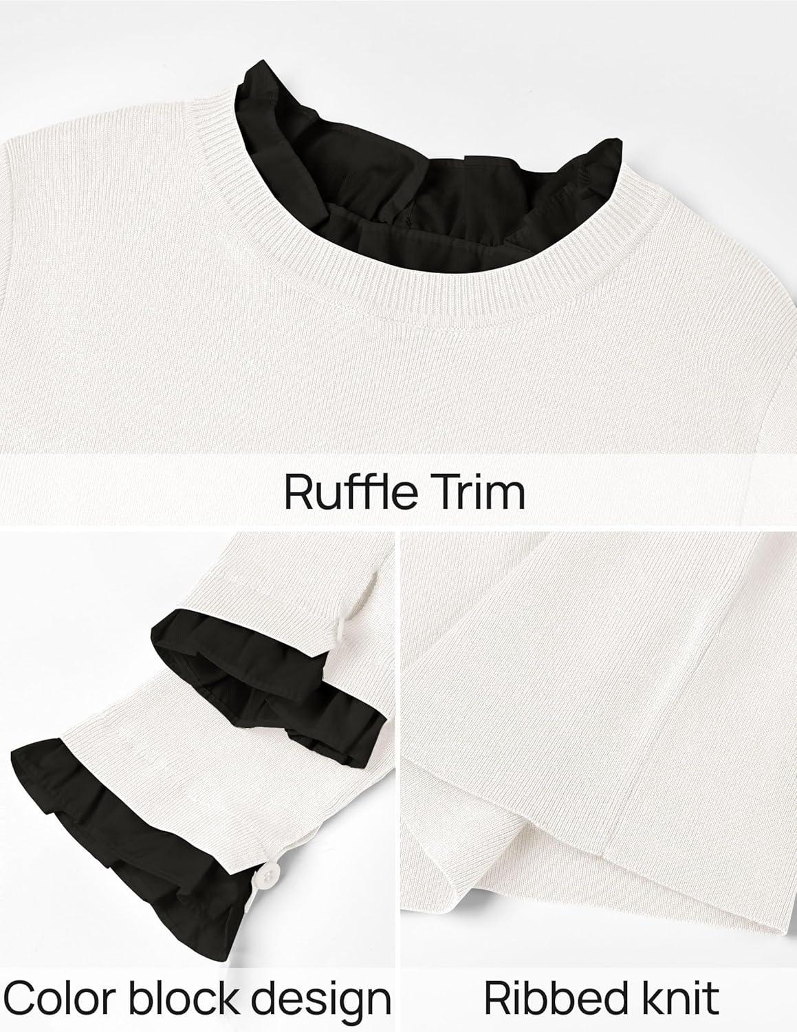 imageZESICA Womens Long Sleeve Ruffle Sweaters 2025 Fall Crewneck Color Block Slim Fit Basic Casual Knit Pullover Sweater TopsIvory