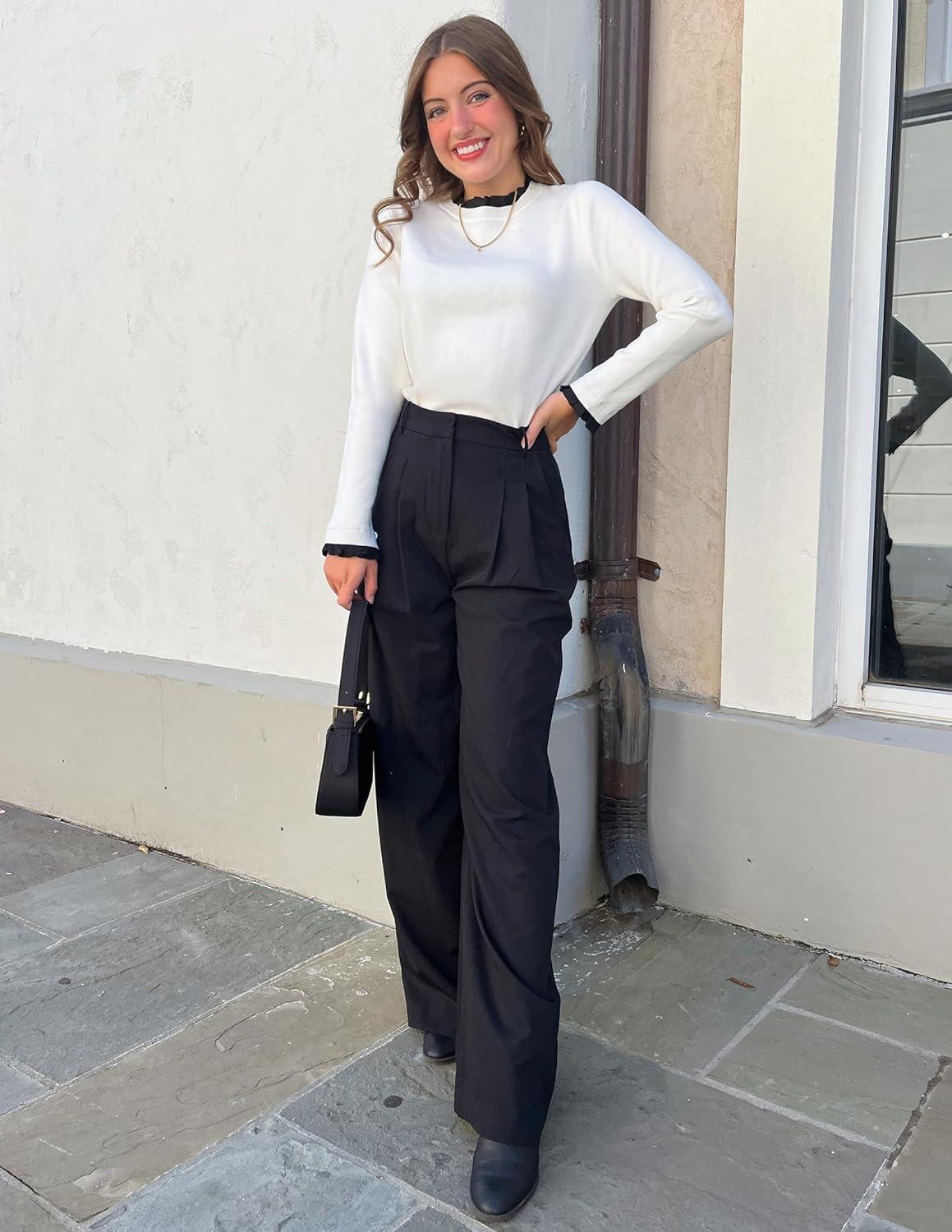 imageZESICA Womens Long Sleeve Ruffle Sweaters 2025 Fall Crewneck Color Block Slim Fit Basic Casual Knit Pullover Sweater TopsIvory