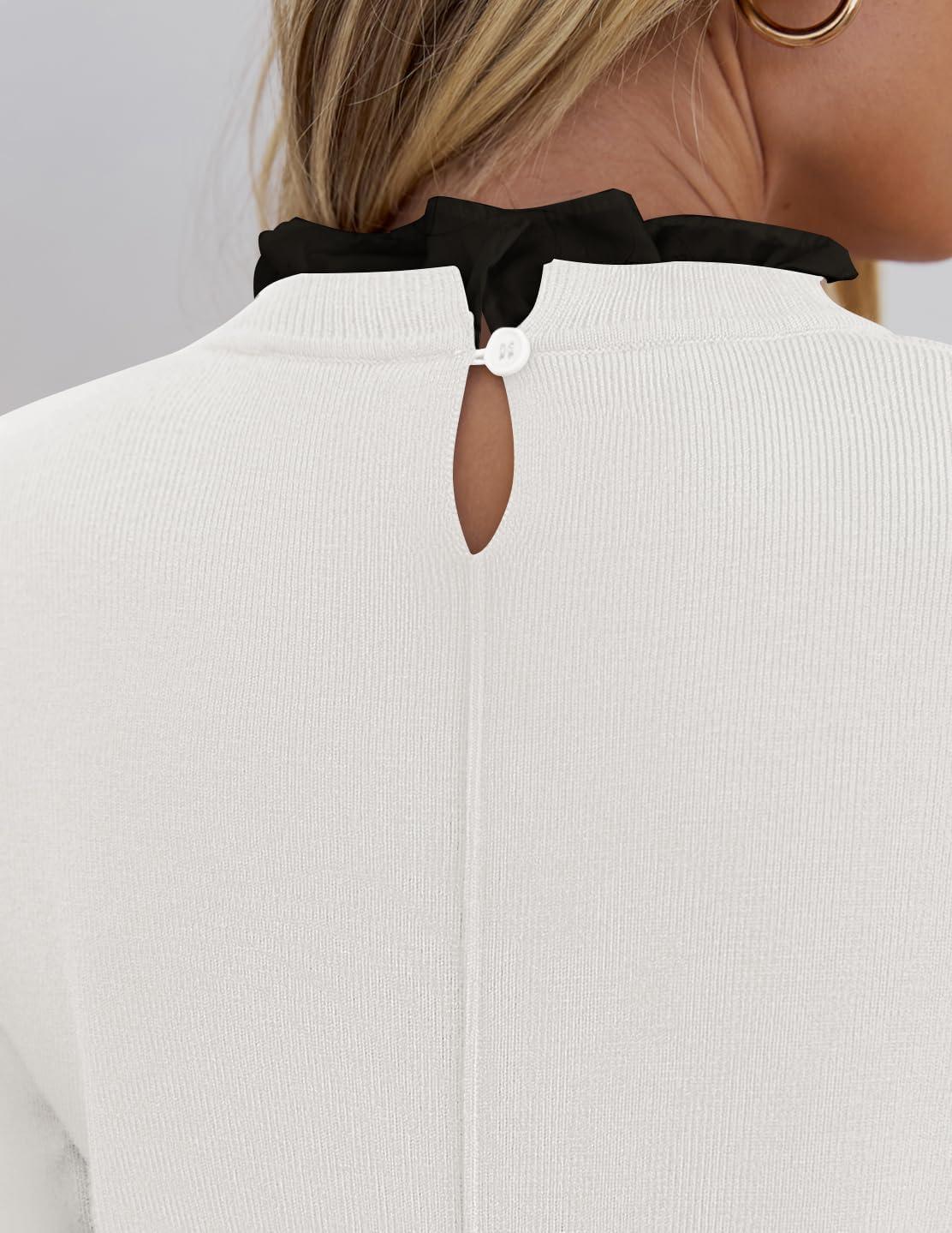 imageZESICA Womens Long Sleeve Ruffle Sweaters 2025 Fall Crewneck Color Block Slim Fit Basic Casual Knit Pullover Sweater TopsIvory