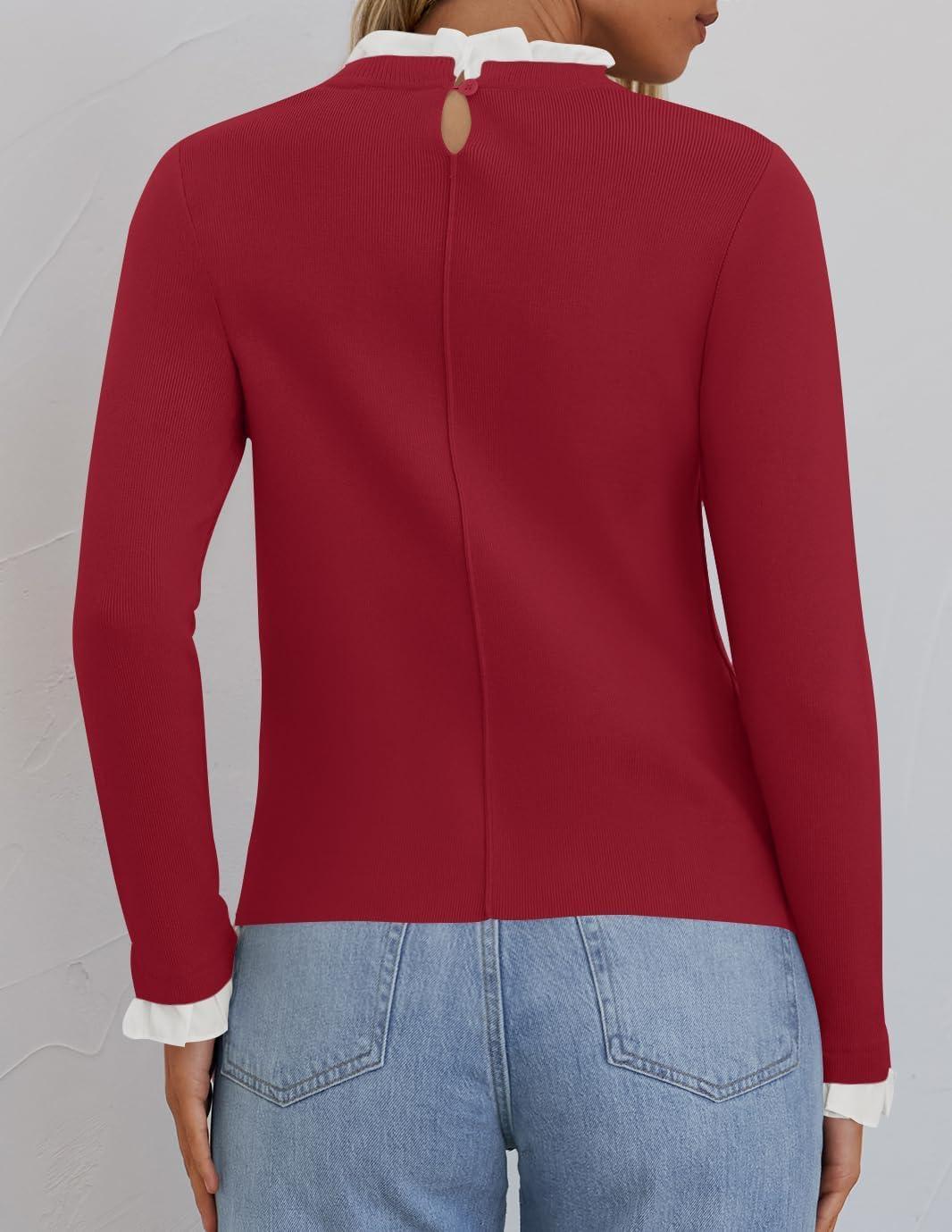 imageZESICA Womens Long Sleeve Ruffle Sweaters 2025 Fall Crewneck Color Block Slim Fit Basic Casual Knit Pullover Sweater TopsPurple Red