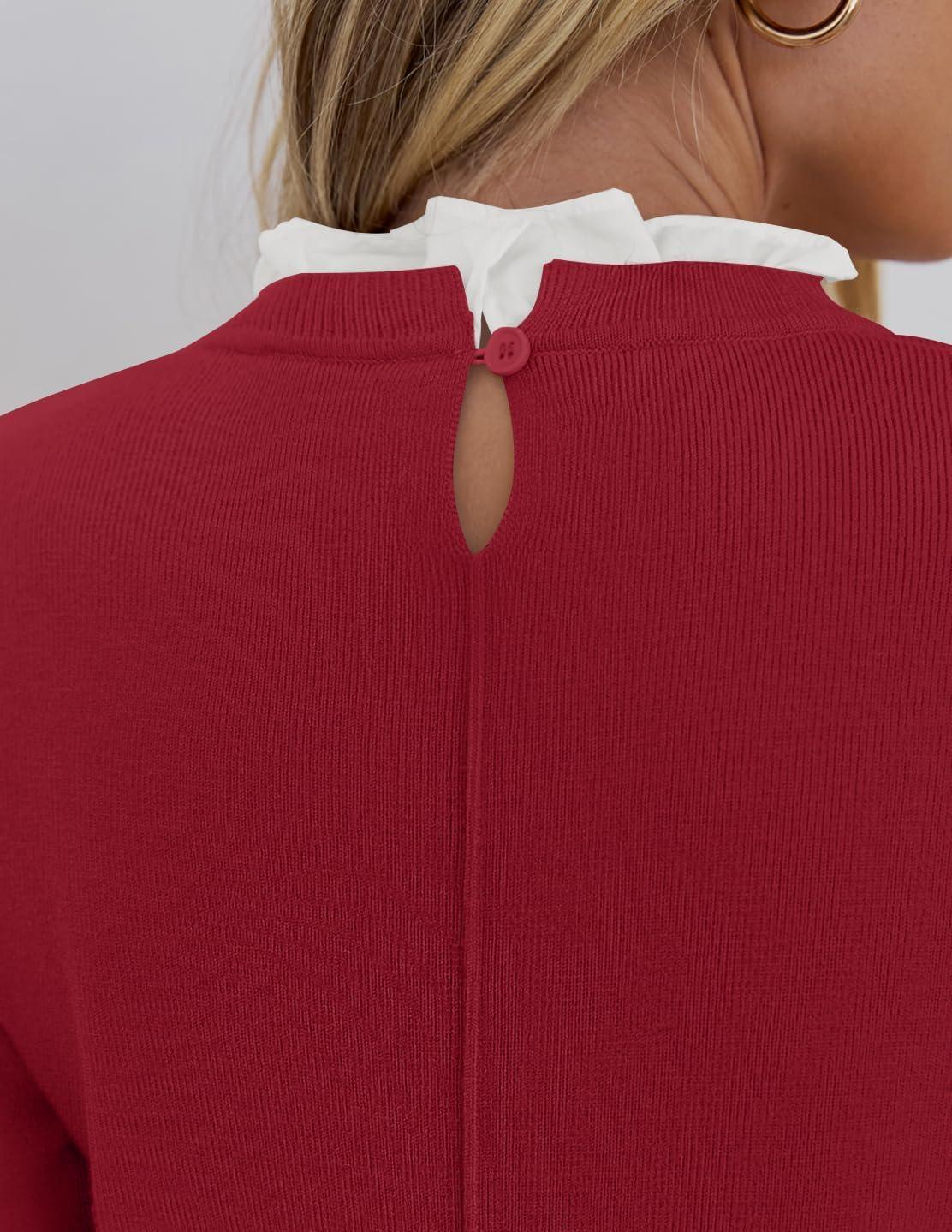 imageZESICA Womens Long Sleeve Ruffle Sweaters 2025 Fall Crewneck Color Block Slim Fit Basic Casual Knit Pullover Sweater TopsPurple Red