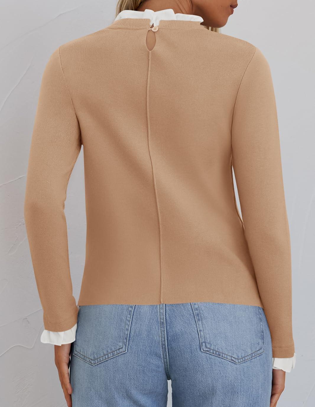 imageZESICA Womens Long Sleeve Ruffle Sweaters 2025 Fall Crewneck Color Block Slim Fit Basic Casual Knit Pullover Sweater TopsToffee