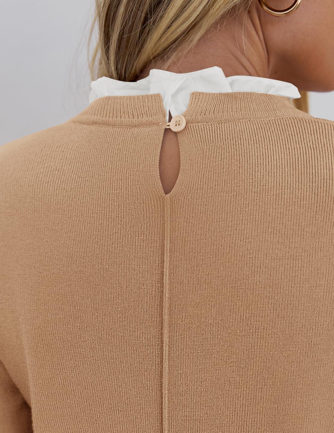 imageZESICA Womens Long Sleeve Ruffle Sweaters 2025 Fall Crewneck Color Block Slim Fit Basic Casual Knit Pullover Sweater TopsToffee