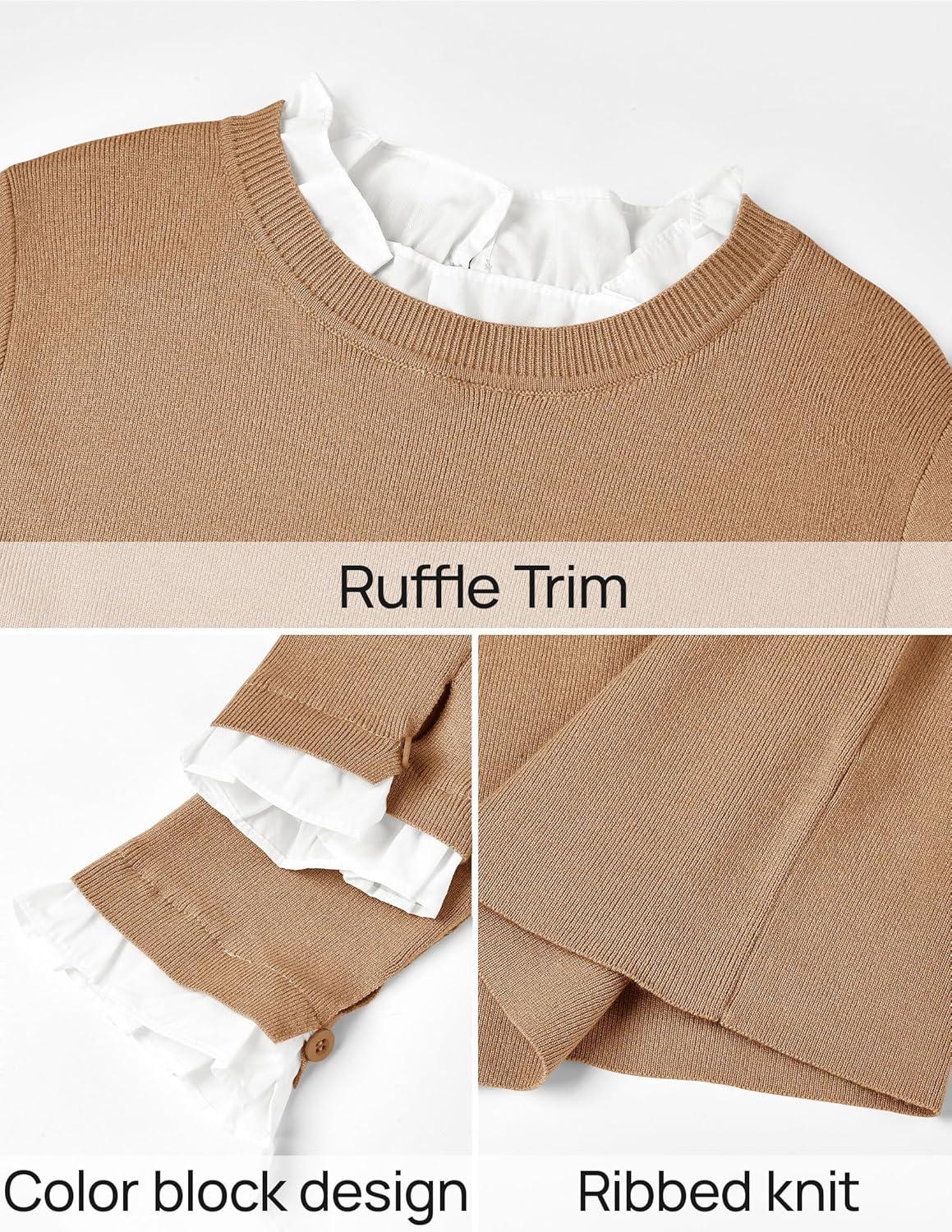 imageZESICA Womens Long Sleeve Ruffle Sweaters 2025 Fall Crewneck Color Block Slim Fit Basic Casual Knit Pullover Sweater TopsToffee
