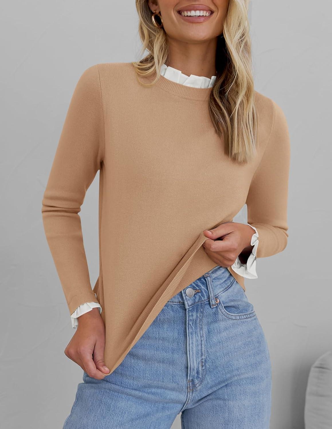 imageZESICA Womens Long Sleeve Ruffle Sweaters 2025 Fall Crewneck Color Block Slim Fit Basic Casual Knit Pullover Sweater TopsToffee