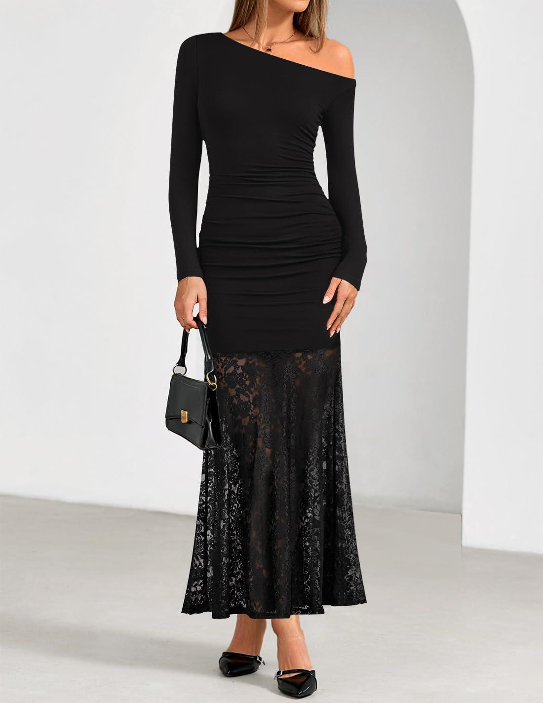 imageZESICA Womens Off Shoulder Cocktail Maxi Dresses 2025 Fall Long Sleeve Bodycon Ruched Lace Wedding Guest Party DressBlack