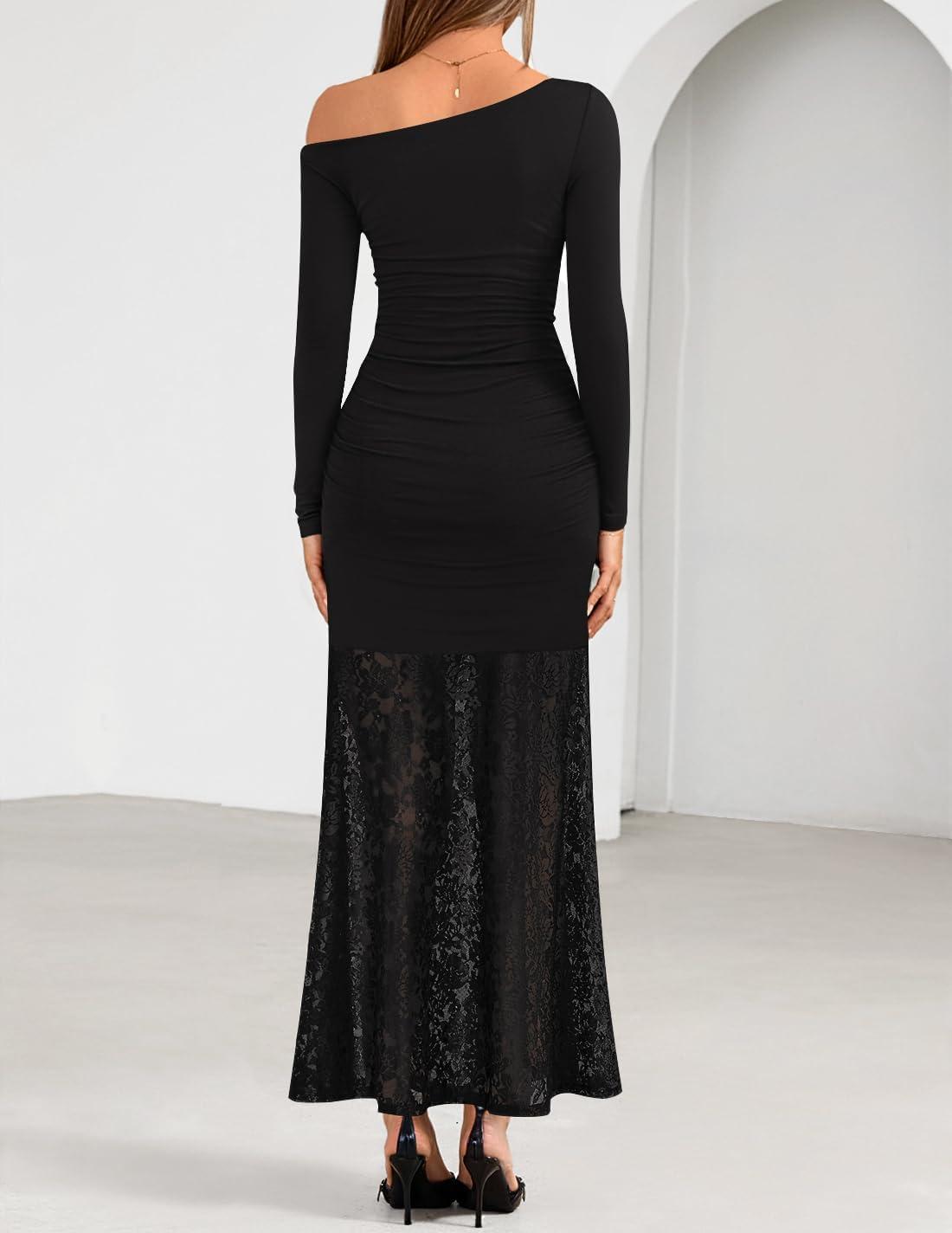 imageZESICA Womens Off Shoulder Cocktail Maxi Dresses 2025 Fall Long Sleeve Bodycon Ruched Lace Wedding Guest Party DressBlack