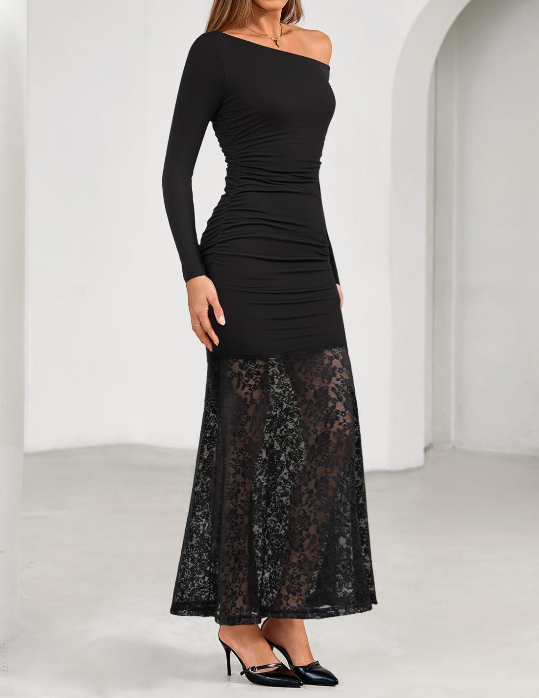 imageZESICA Womens Off Shoulder Cocktail Maxi Dresses 2025 Fall Long Sleeve Bodycon Ruched Lace Wedding Guest Party DressBlack