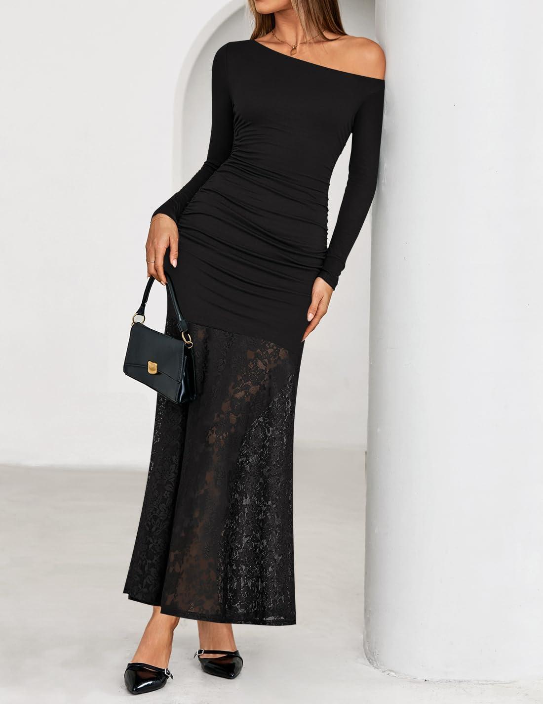 imageZESICA Womens Off Shoulder Cocktail Maxi Dresses 2025 Fall Long Sleeve Bodycon Ruched Lace Wedding Guest Party DressBlack