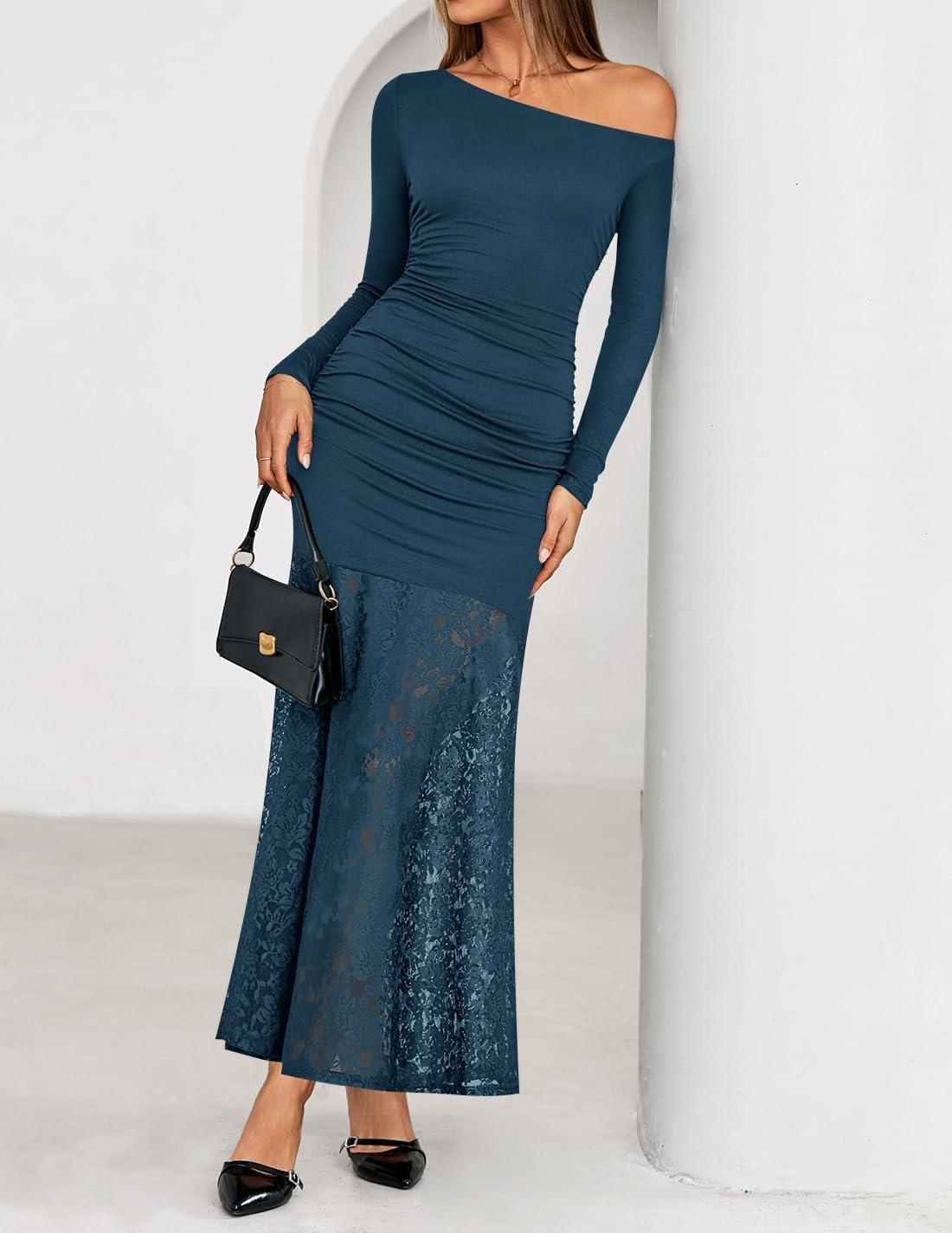 imageZESICA Womens Off Shoulder Cocktail Maxi Dresses 2025 Fall Long Sleeve Bodycon Ruched Lace Wedding Guest Party DressBlue