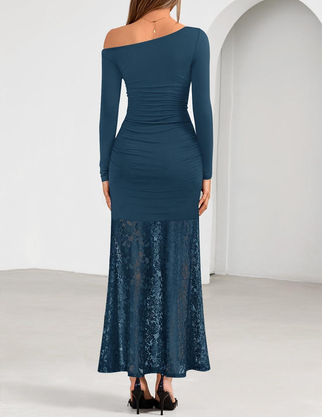 imageZESICA Womens Off Shoulder Cocktail Maxi Dresses 2025 Fall Long Sleeve Bodycon Ruched Lace Wedding Guest Party DressBlue