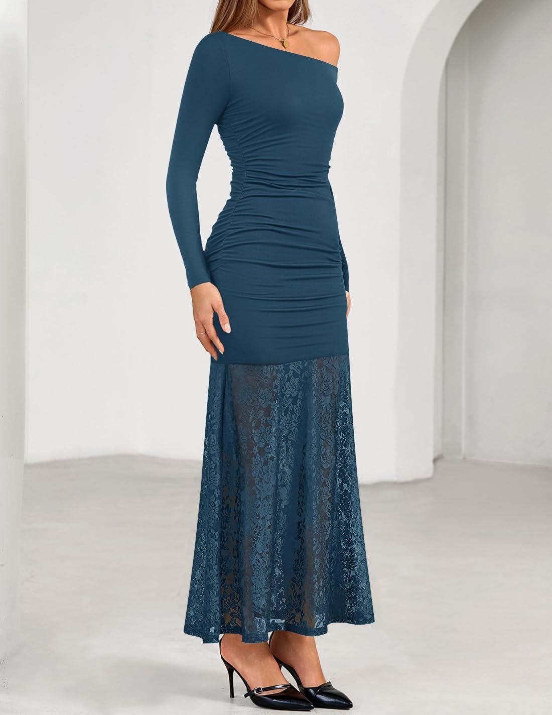imageZESICA Womens Off Shoulder Cocktail Maxi Dresses 2025 Fall Long Sleeve Bodycon Ruched Lace Wedding Guest Party DressBlue