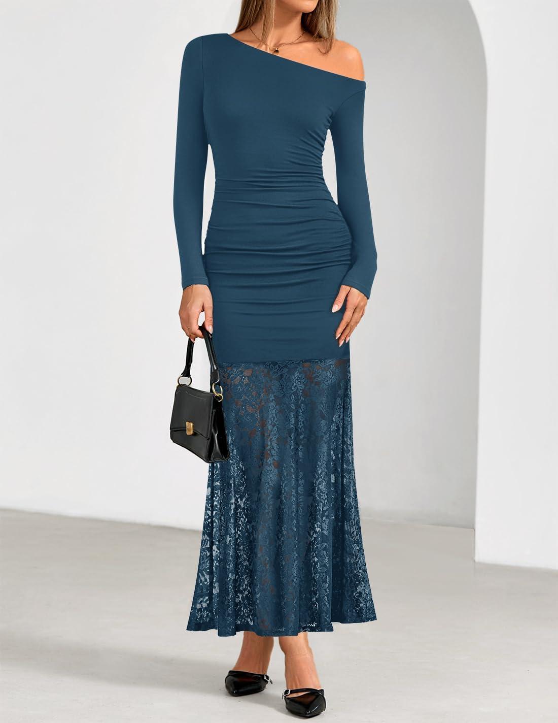 imageZESICA Womens Off Shoulder Cocktail Maxi Dresses 2025 Fall Long Sleeve Bodycon Ruched Lace Wedding Guest Party DressBlue