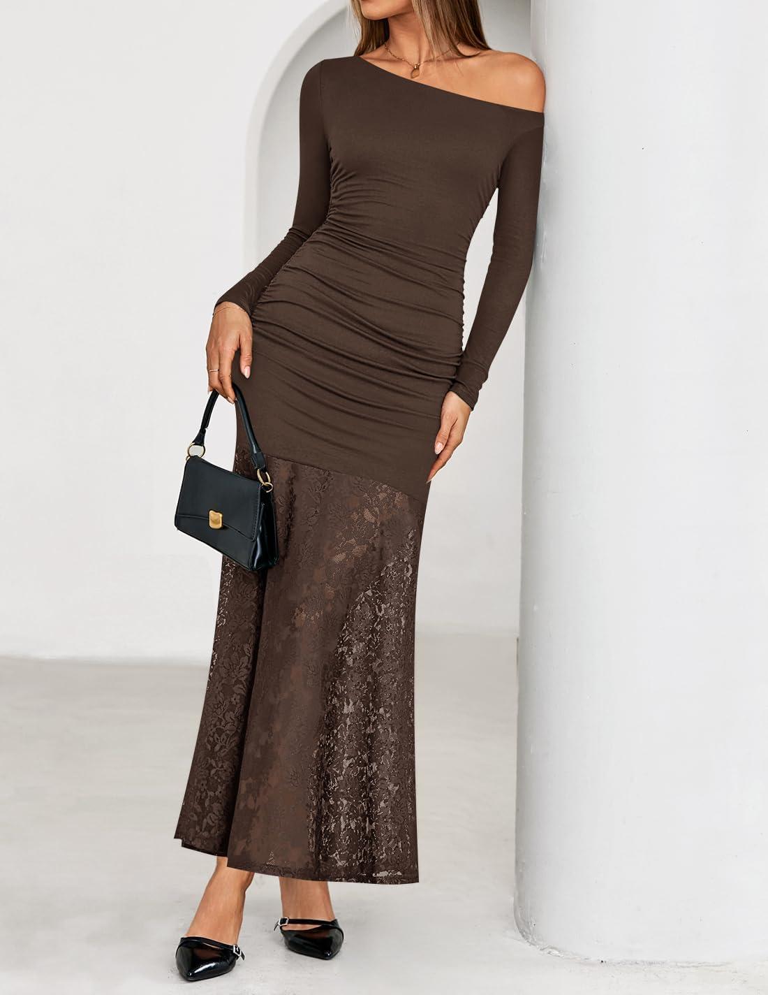 imageZESICA Womens Off Shoulder Cocktail Maxi Dresses 2025 Fall Long Sleeve Bodycon Ruched Lace Wedding Guest Party DressCoffee