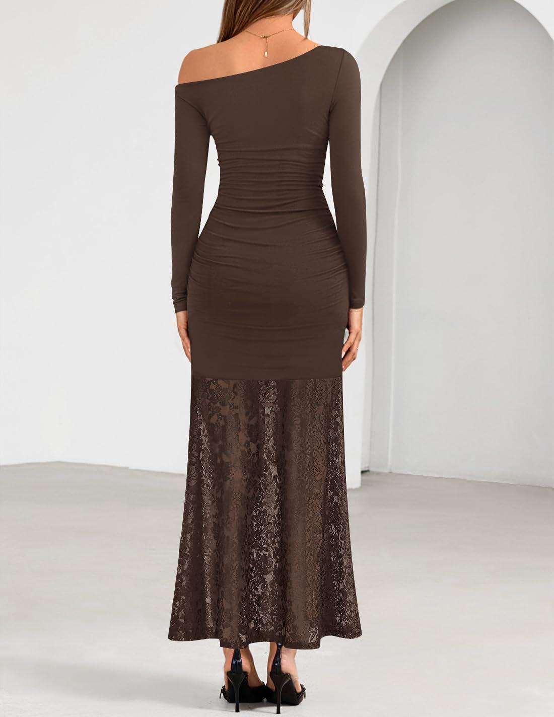 imageZESICA Womens Off Shoulder Cocktail Maxi Dresses 2025 Fall Long Sleeve Bodycon Ruched Lace Wedding Guest Party DressCoffee
