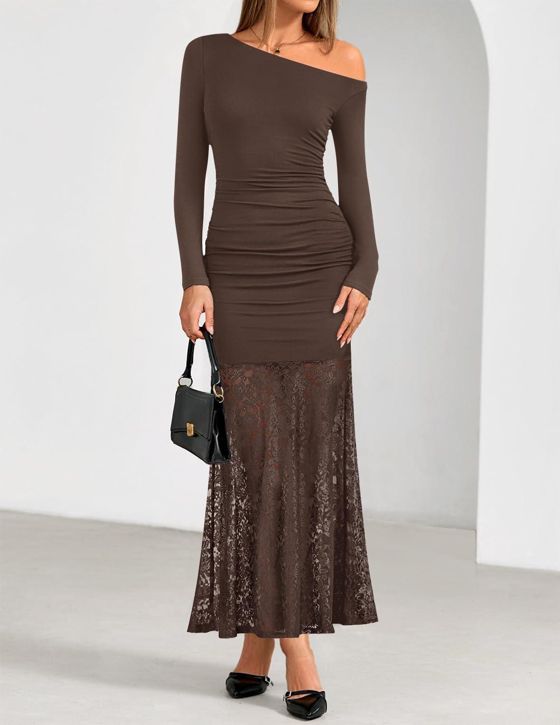 imageZESICA Womens Off Shoulder Cocktail Maxi Dresses 2025 Fall Long Sleeve Bodycon Ruched Lace Wedding Guest Party DressCoffee