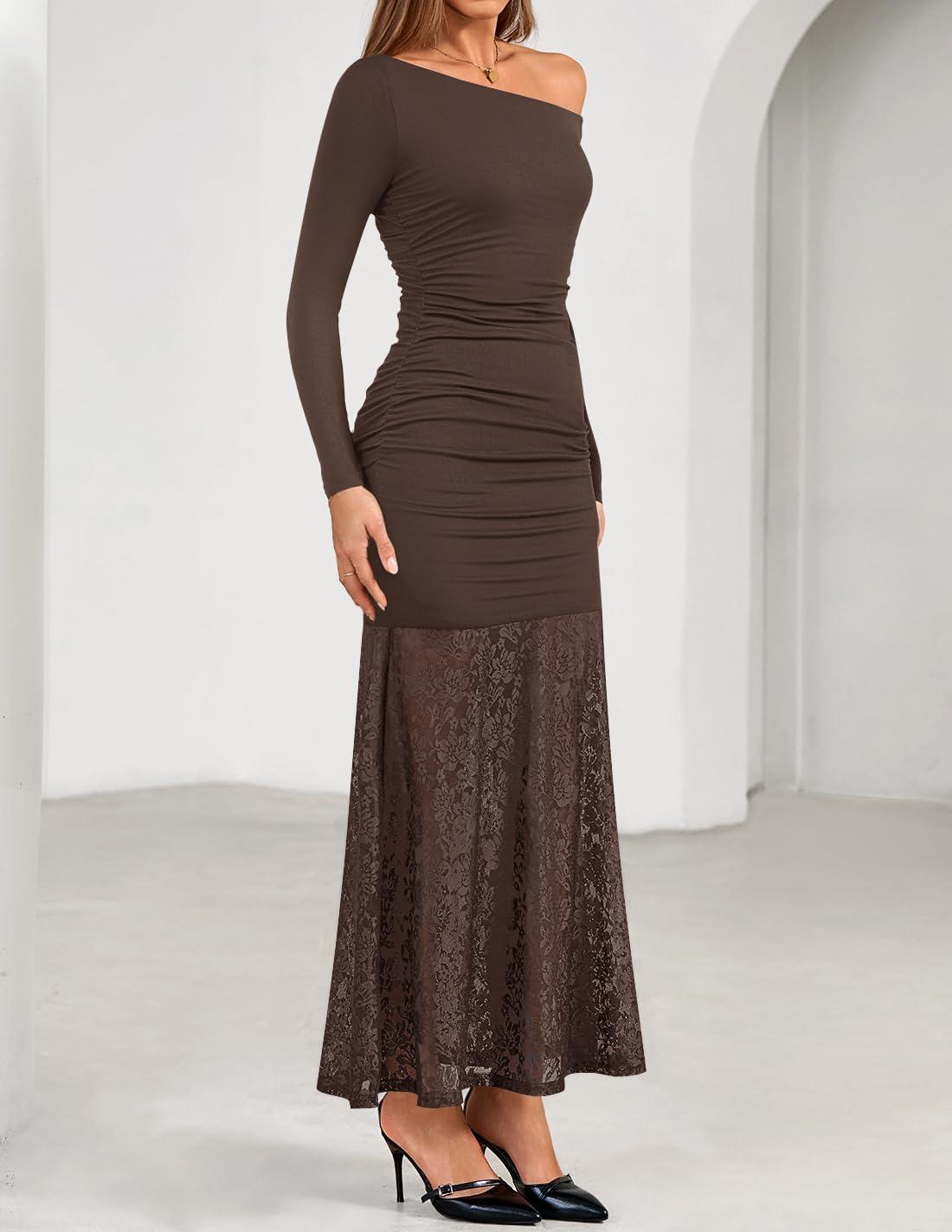 imageZESICA Womens Off Shoulder Cocktail Maxi Dresses 2025 Fall Long Sleeve Bodycon Ruched Lace Wedding Guest Party DressCoffee