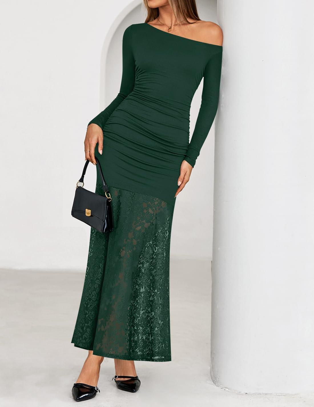 imageZESICA Womens Off Shoulder Cocktail Maxi Dresses 2025 Fall Long Sleeve Bodycon Ruched Lace Wedding Guest Party DressGreen