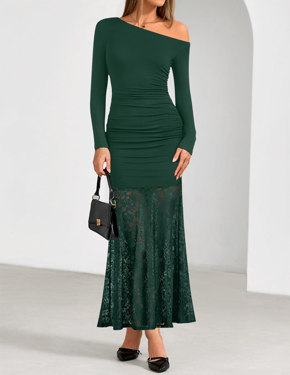 imageZESICA Womens Off Shoulder Cocktail Maxi Dresses 2025 Fall Long Sleeve Bodycon Ruched Lace Wedding Guest Party DressGreen