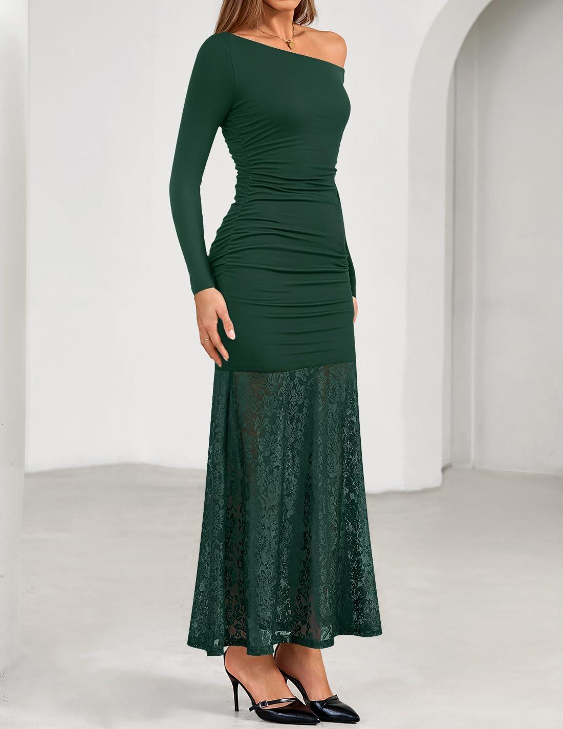 imageZESICA Womens Off Shoulder Cocktail Maxi Dresses 2025 Fall Long Sleeve Bodycon Ruched Lace Wedding Guest Party DressGreen