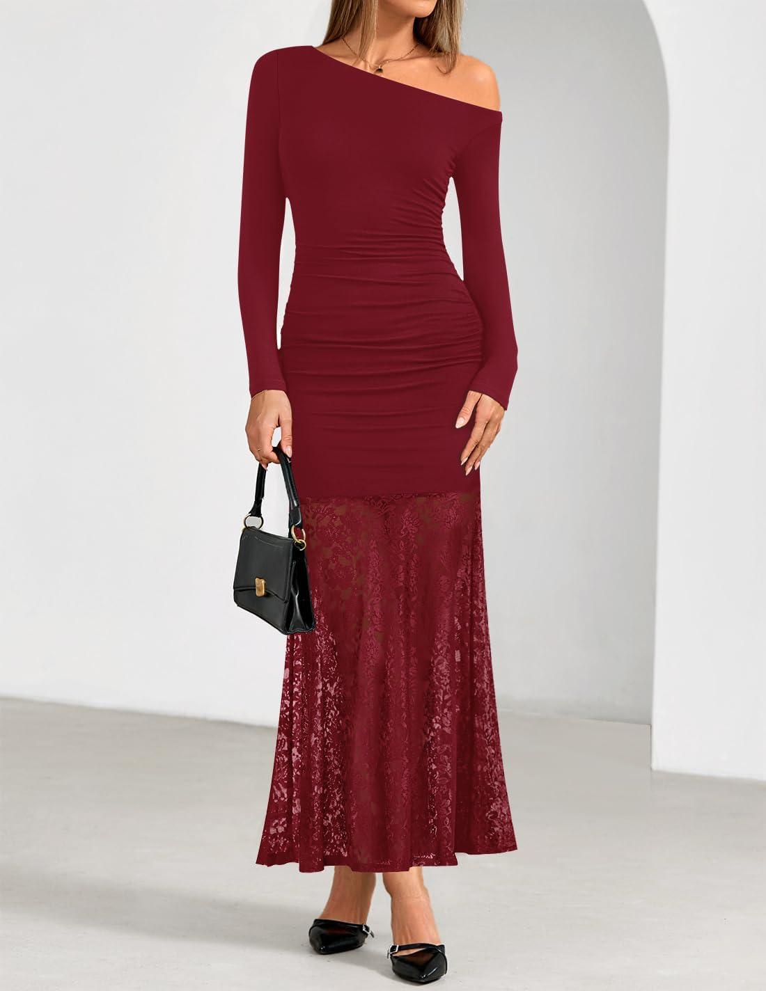 imageZESICA Womens Off Shoulder Cocktail Maxi Dresses 2025 Fall Long Sleeve Bodycon Ruched Lace Wedding Guest Party DressRed
